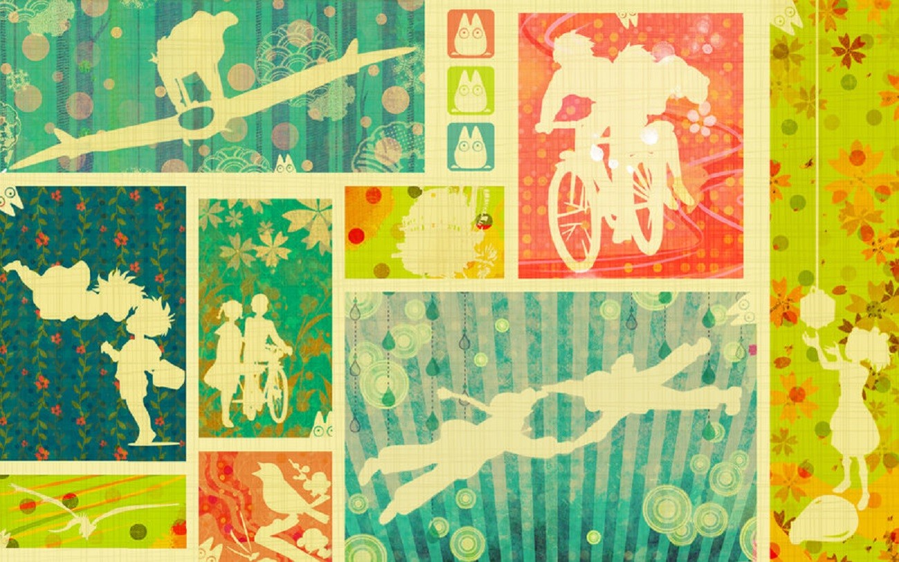Studio Ghibli characters on a collage background HD Wallpaper
