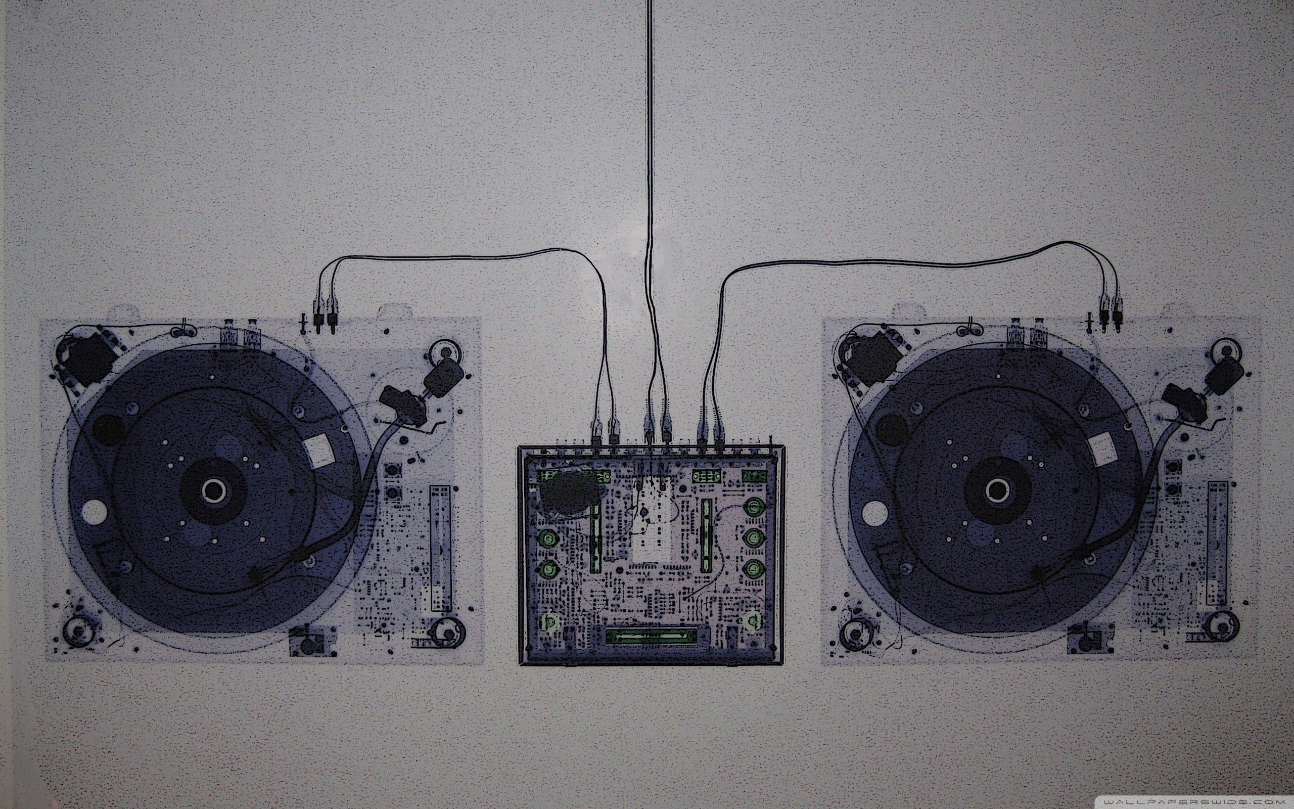 X-ray of two turntables and a DJ mixer HD Wallpaper