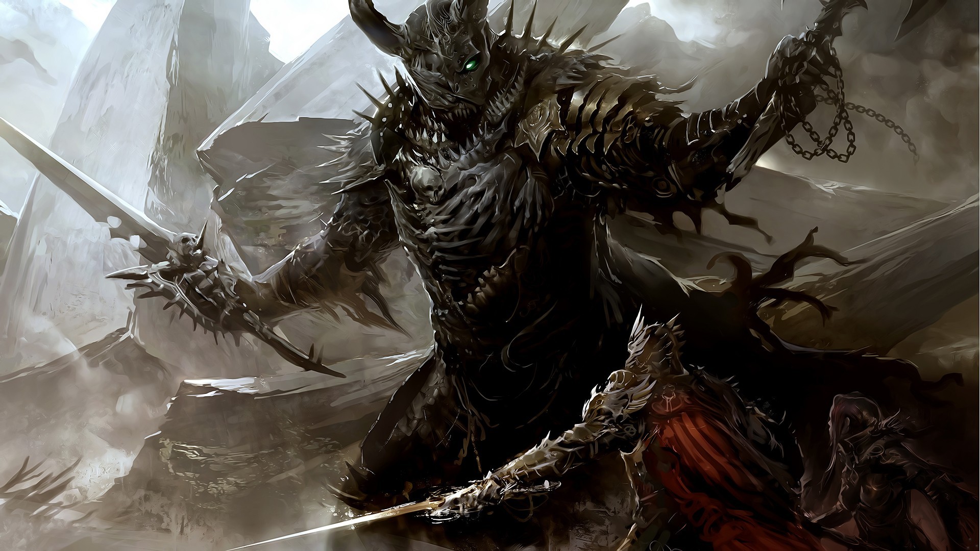 Guild Wars 2: A demonic warrior battles armored figures HD Wallpaper