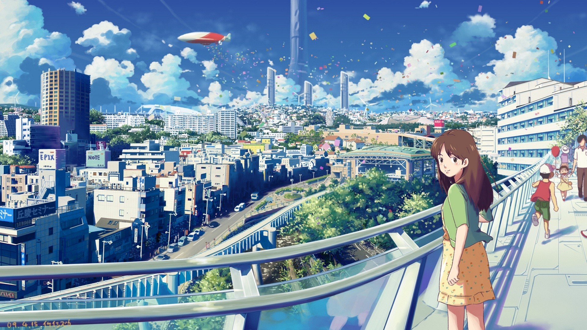 Anime cityscape with a girl on a bridge HD Wallpaper