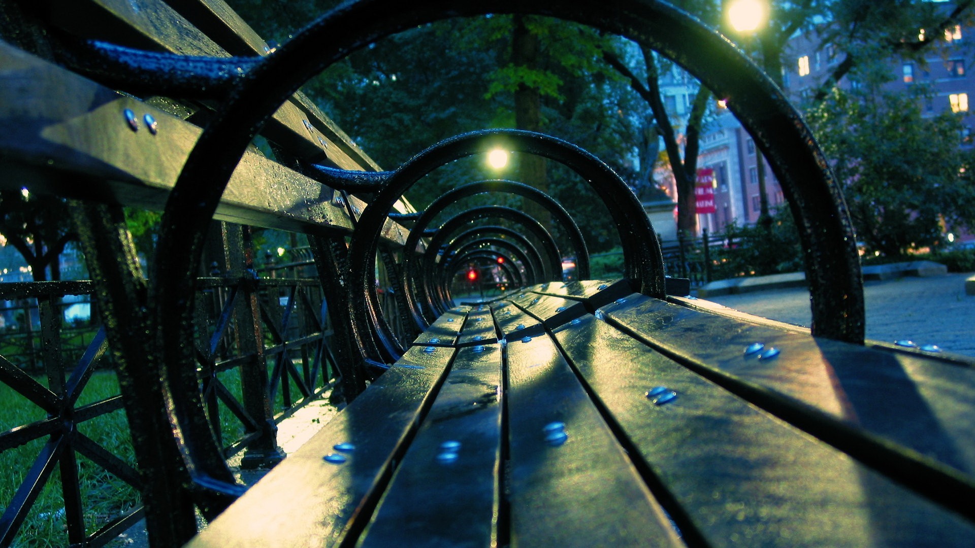 Bench in a city park at night HD Wallpaper