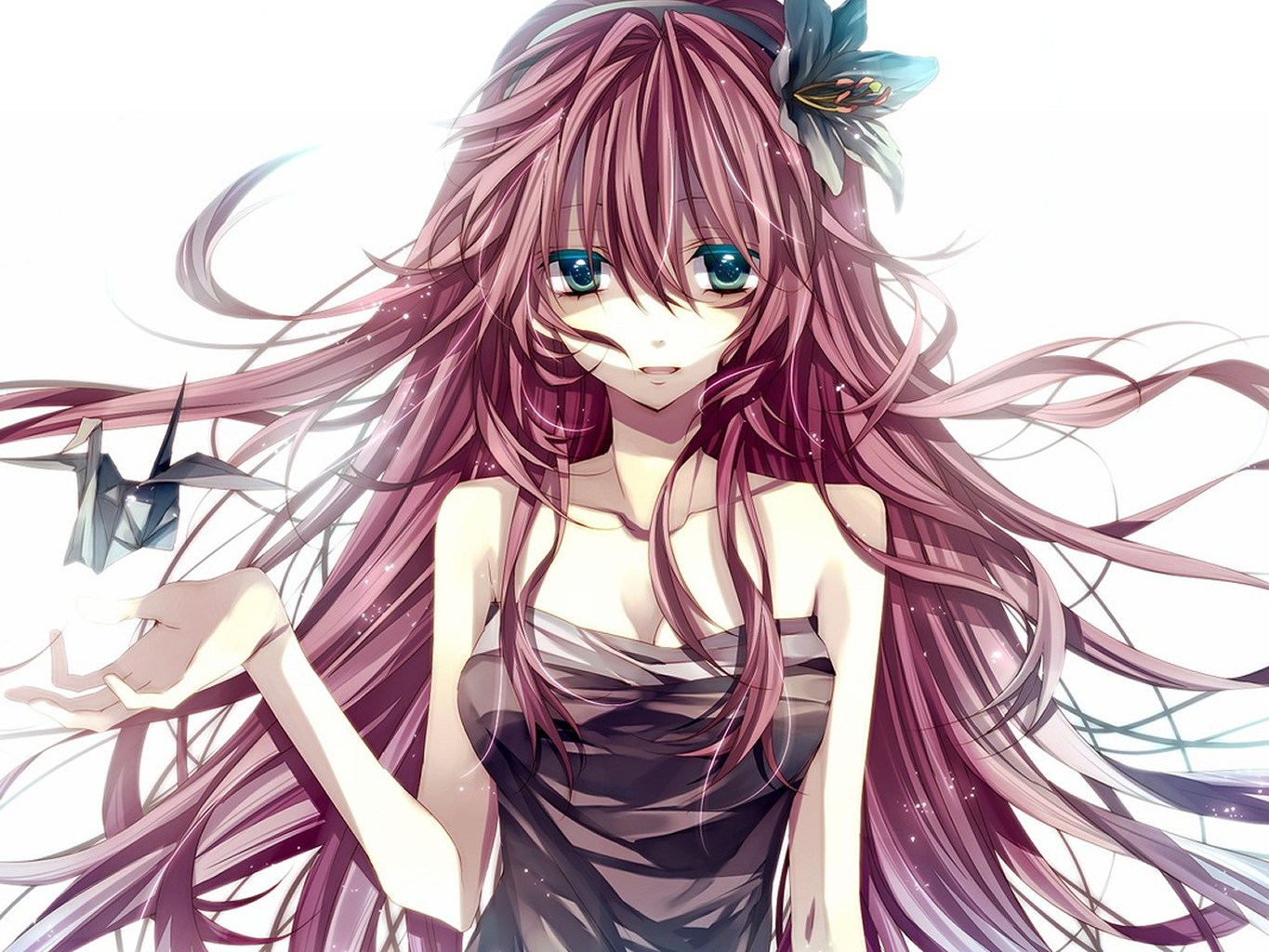 Anime girl with pink hair and blue eyes holding a paper crane HD Wallpaper