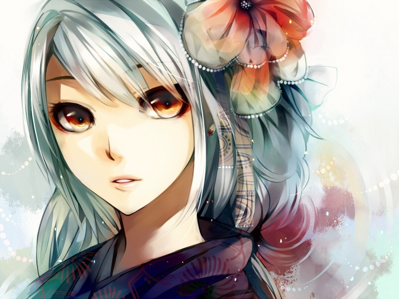 Anime girl with white hair and flower accessory HD Wallpaper
