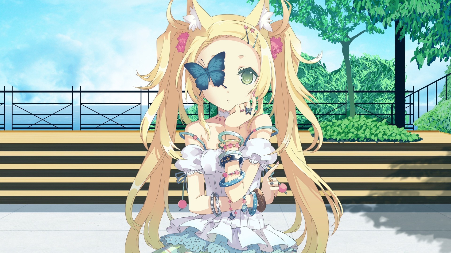 Anime girl with cat ears and butterfly HD Wallpaper