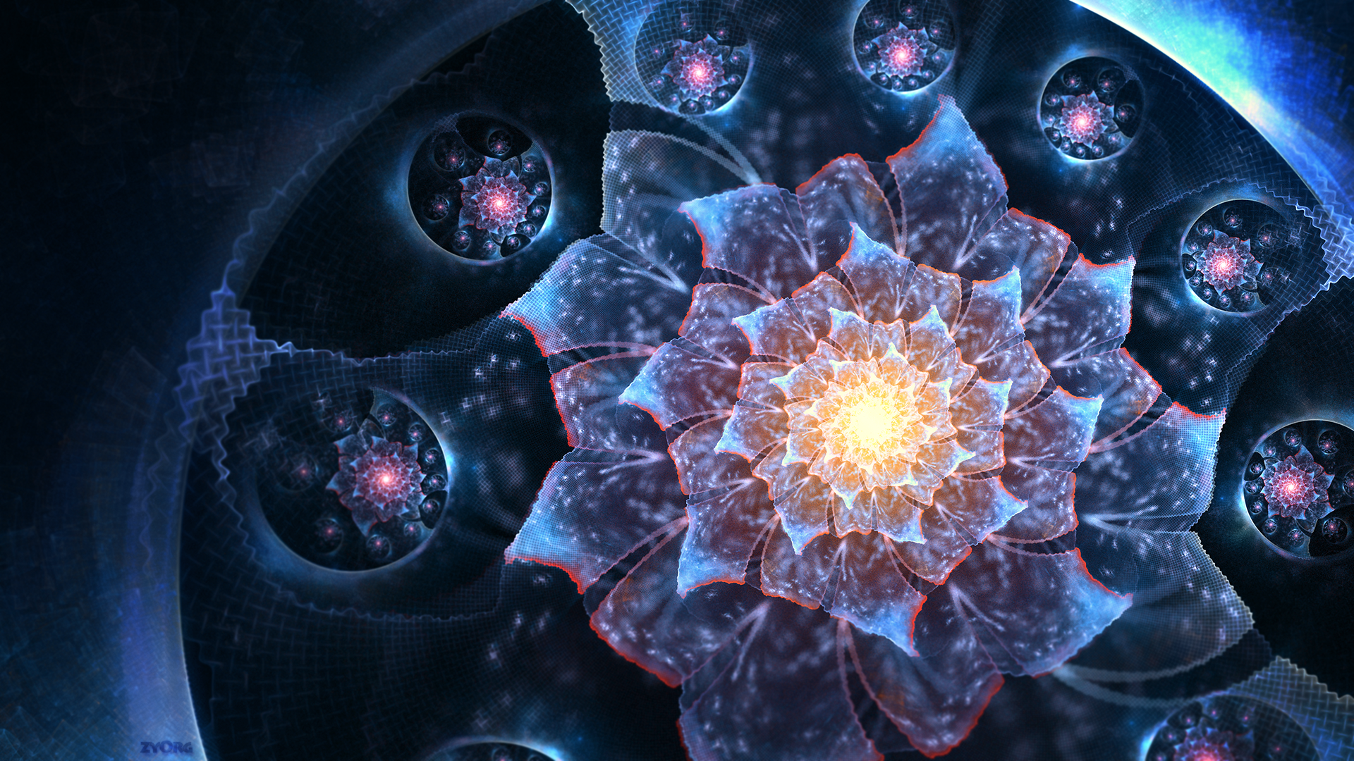 Abstract fractal flowers with blue and orange hues HD Wallpaper