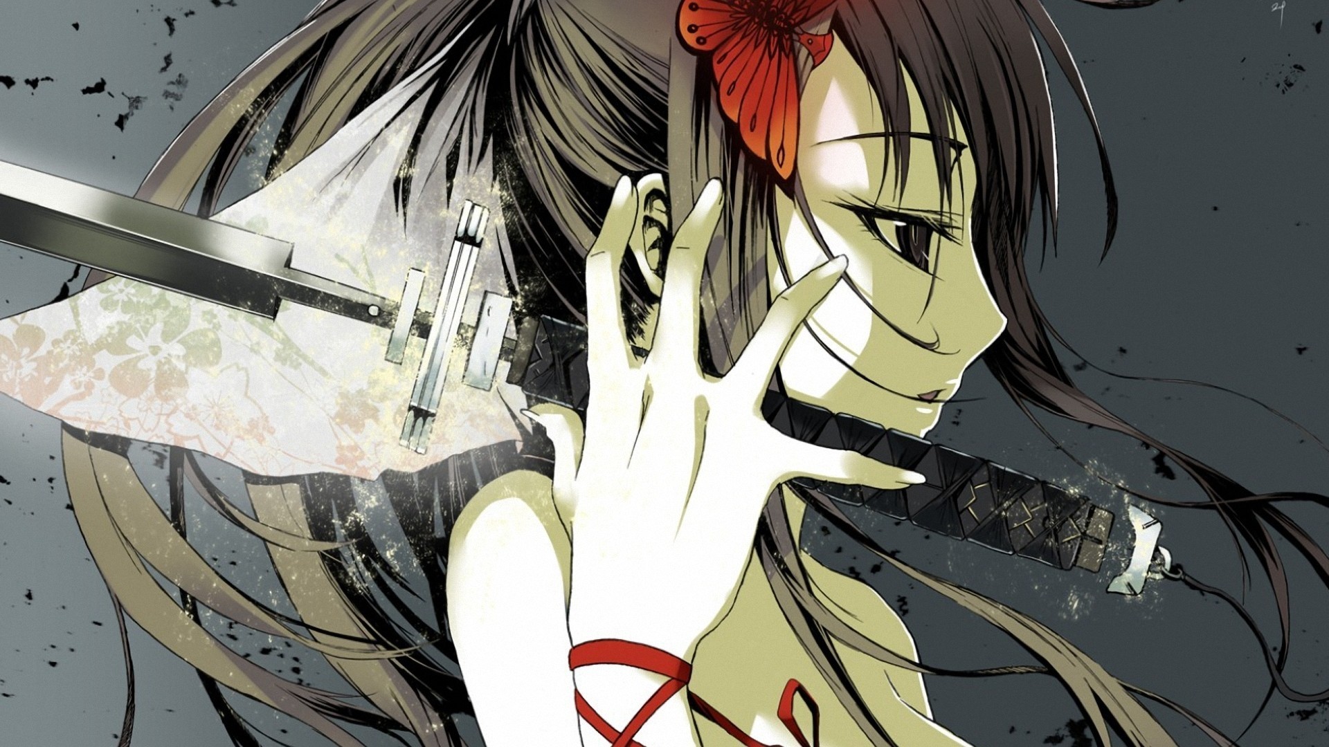Anime girl with a sword and red flower HD Wallpaper