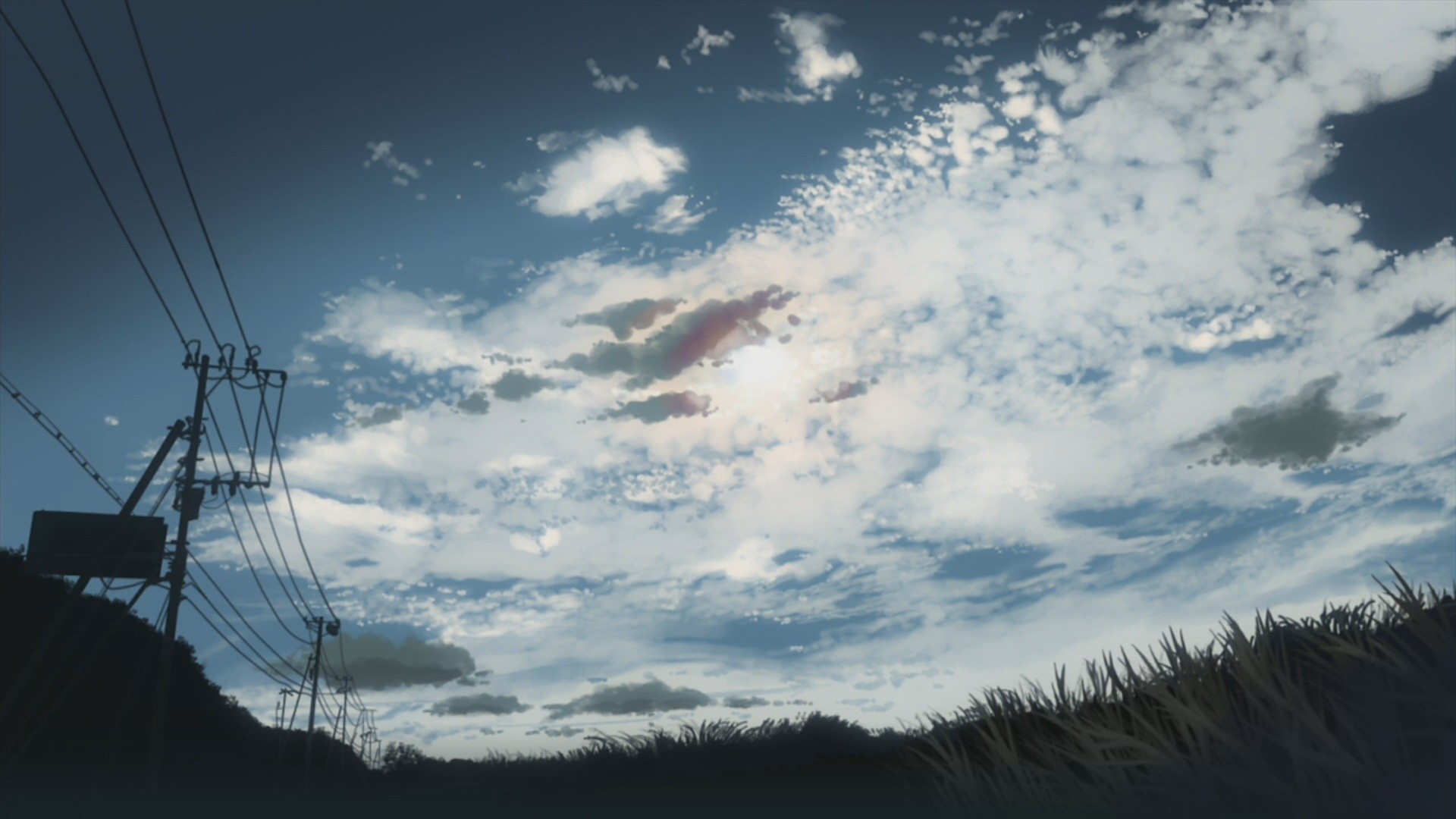 Anime landscape with clouds and power lines HD Wallpaper