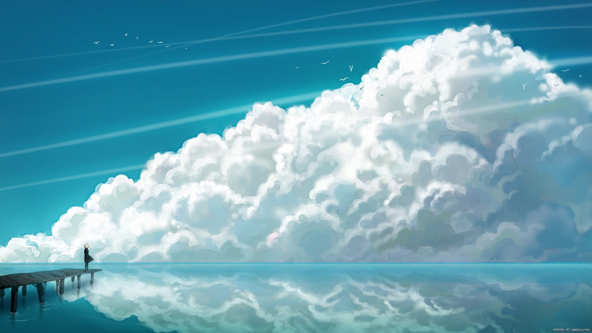 Anime girl on a pier with large clouds over the ocean HD Wallpaper