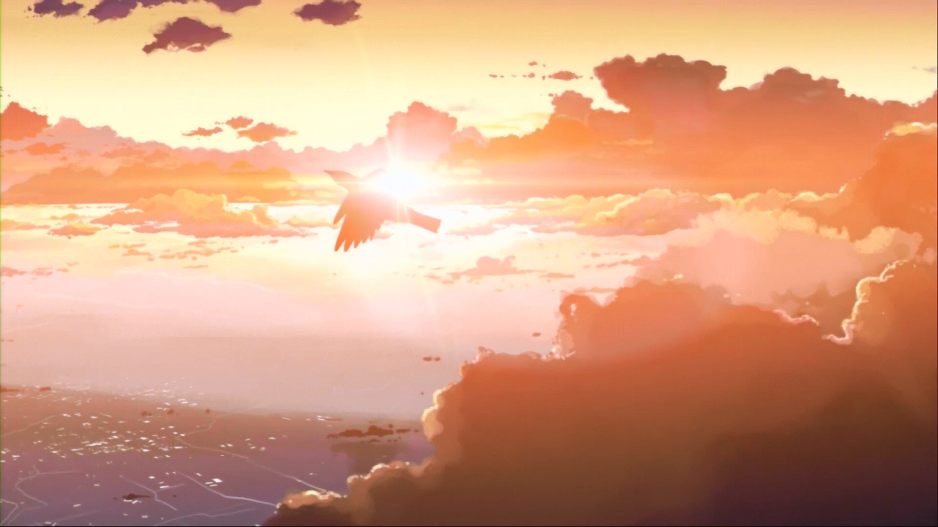 Anime bird flying through sunset clouds over city HD Wallpaper