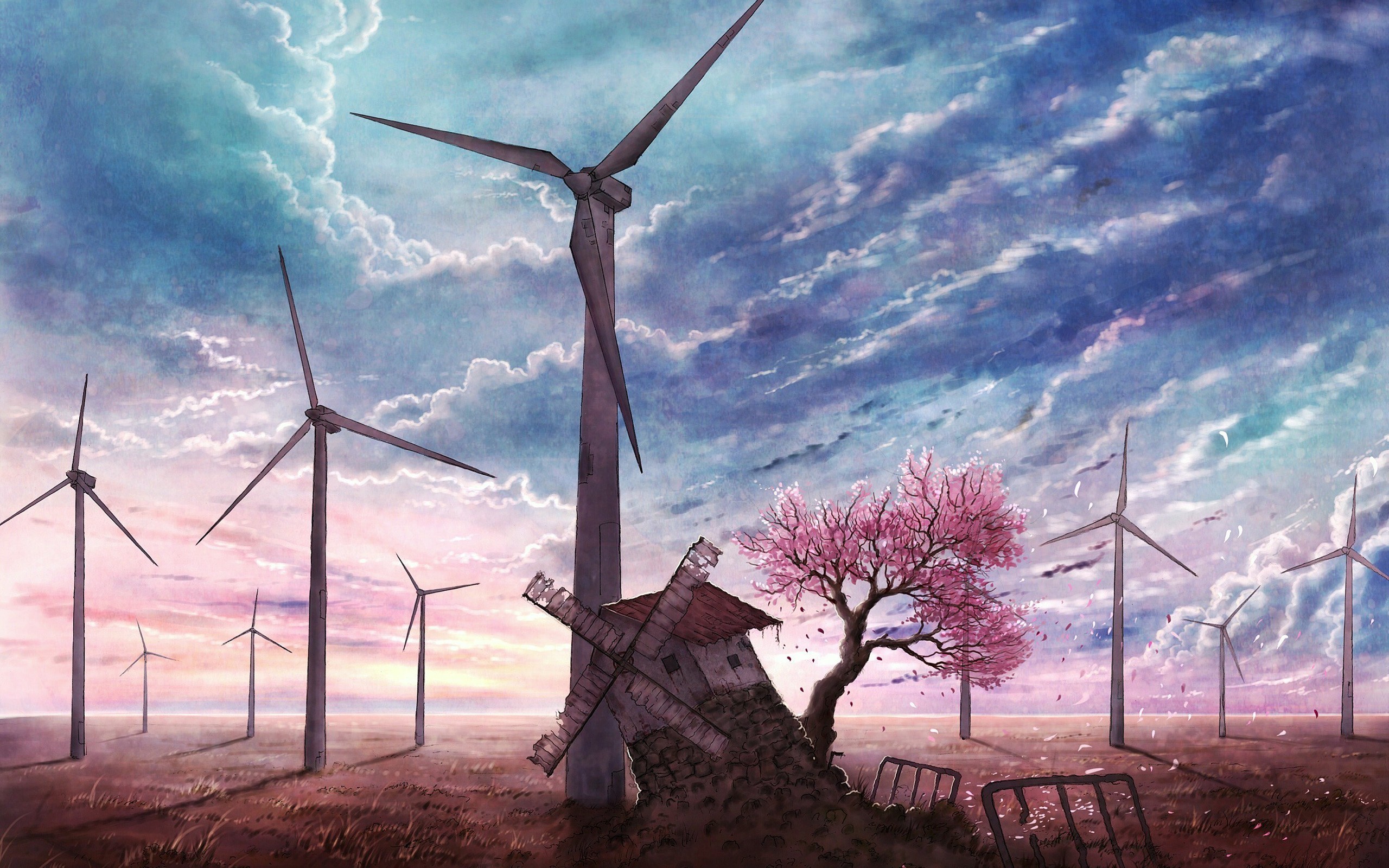 Anime landscape with wind turbines and a cherry blossom tree HD Wallpaper
