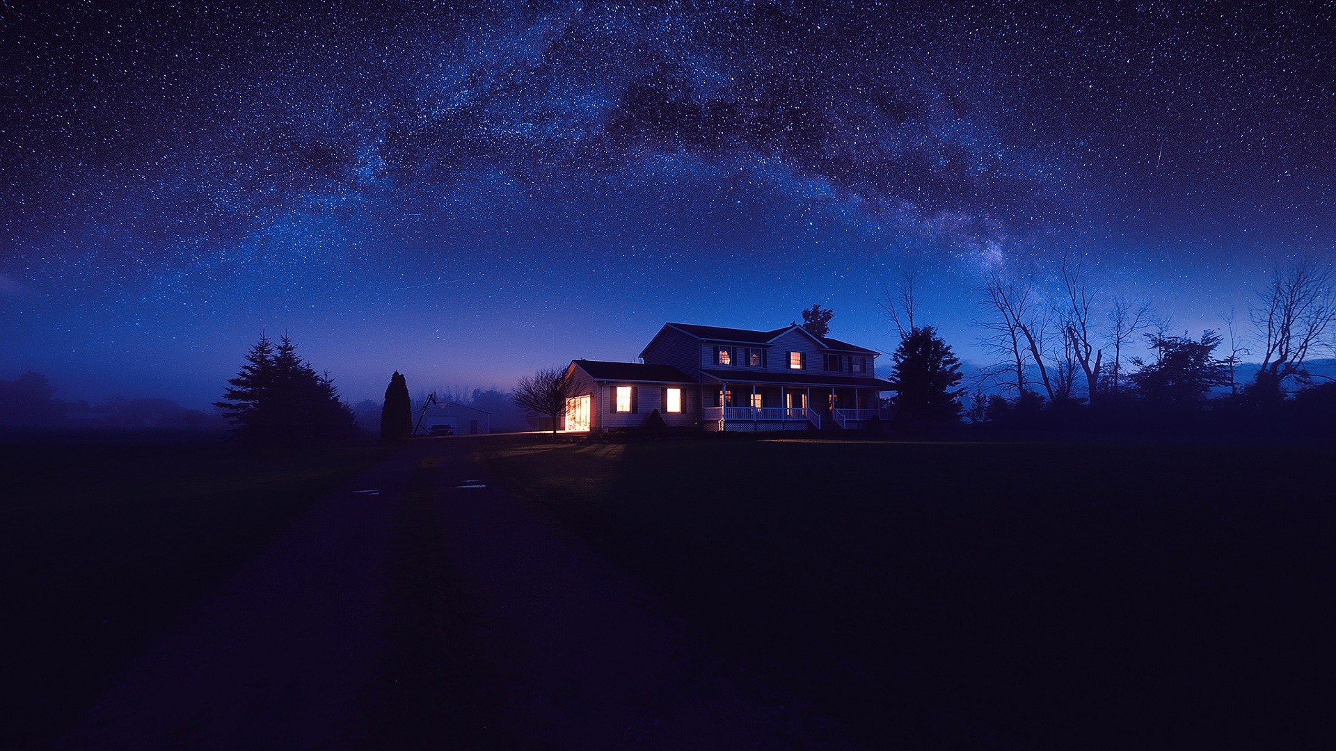 House under the Milky Way at night HD Wallpaper