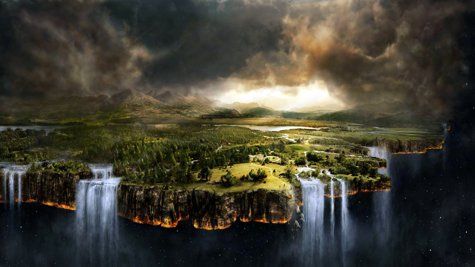 Fantasy floating islands with waterfalls and stormy sky HD Wallpaper