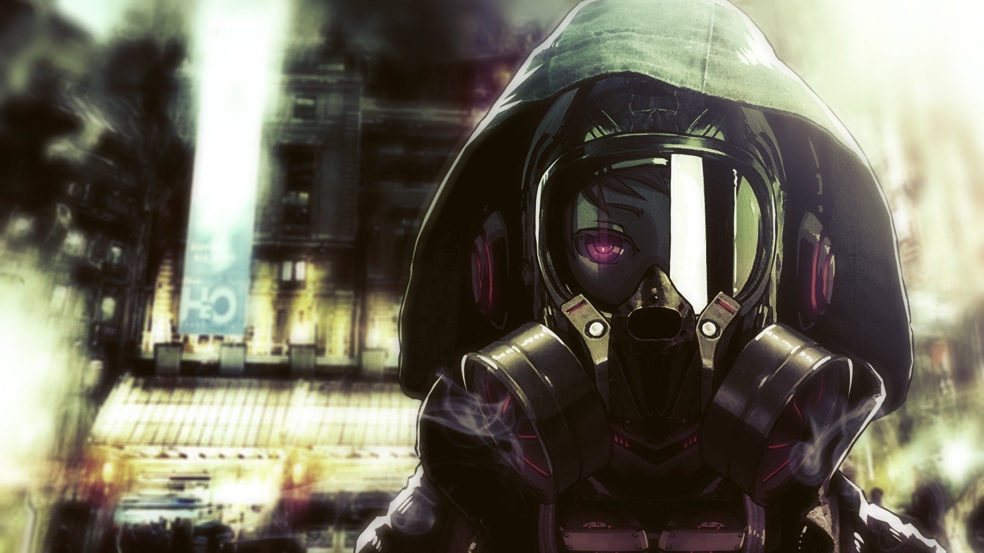 Anime girl with gas mask in city HD Wallpaper