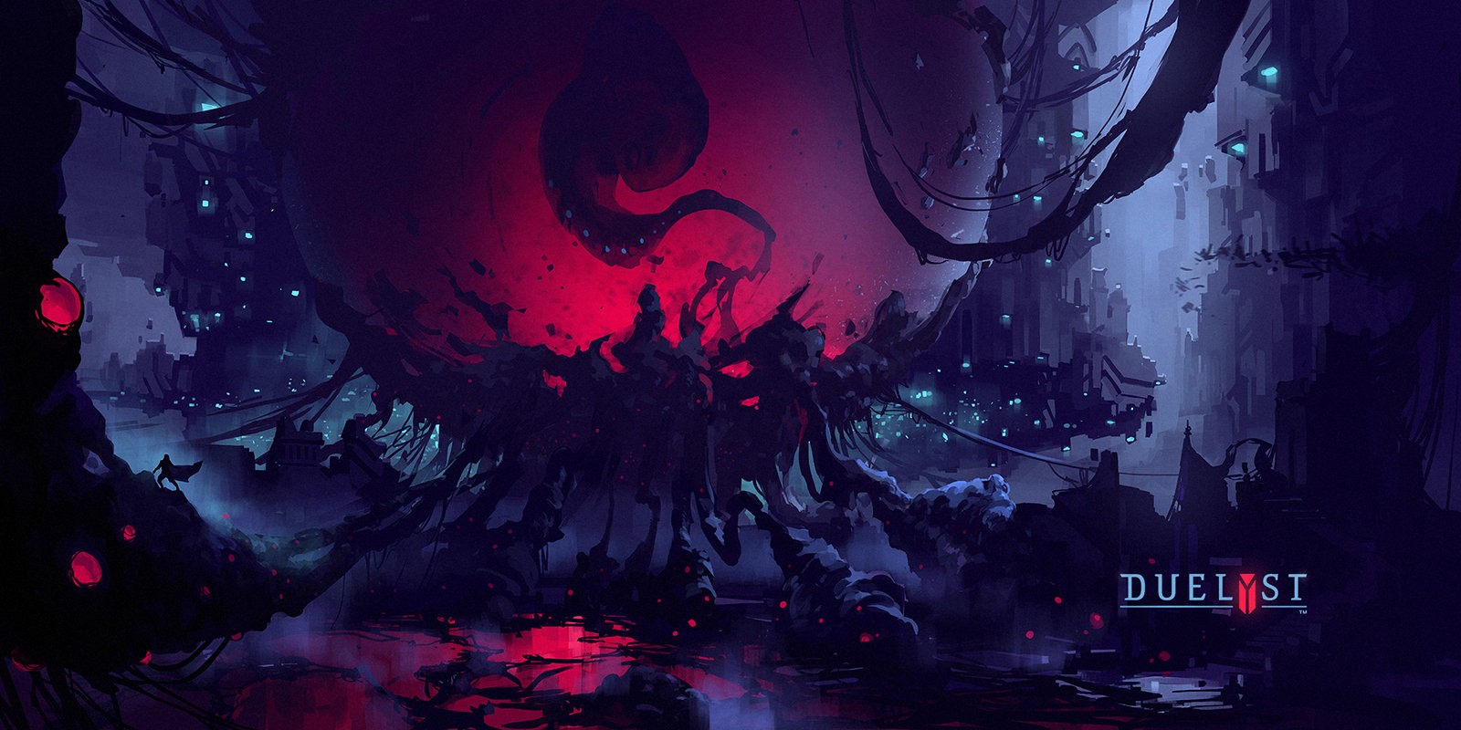 Duelyst creature in a dark, futuristic environment HD Wallpaper