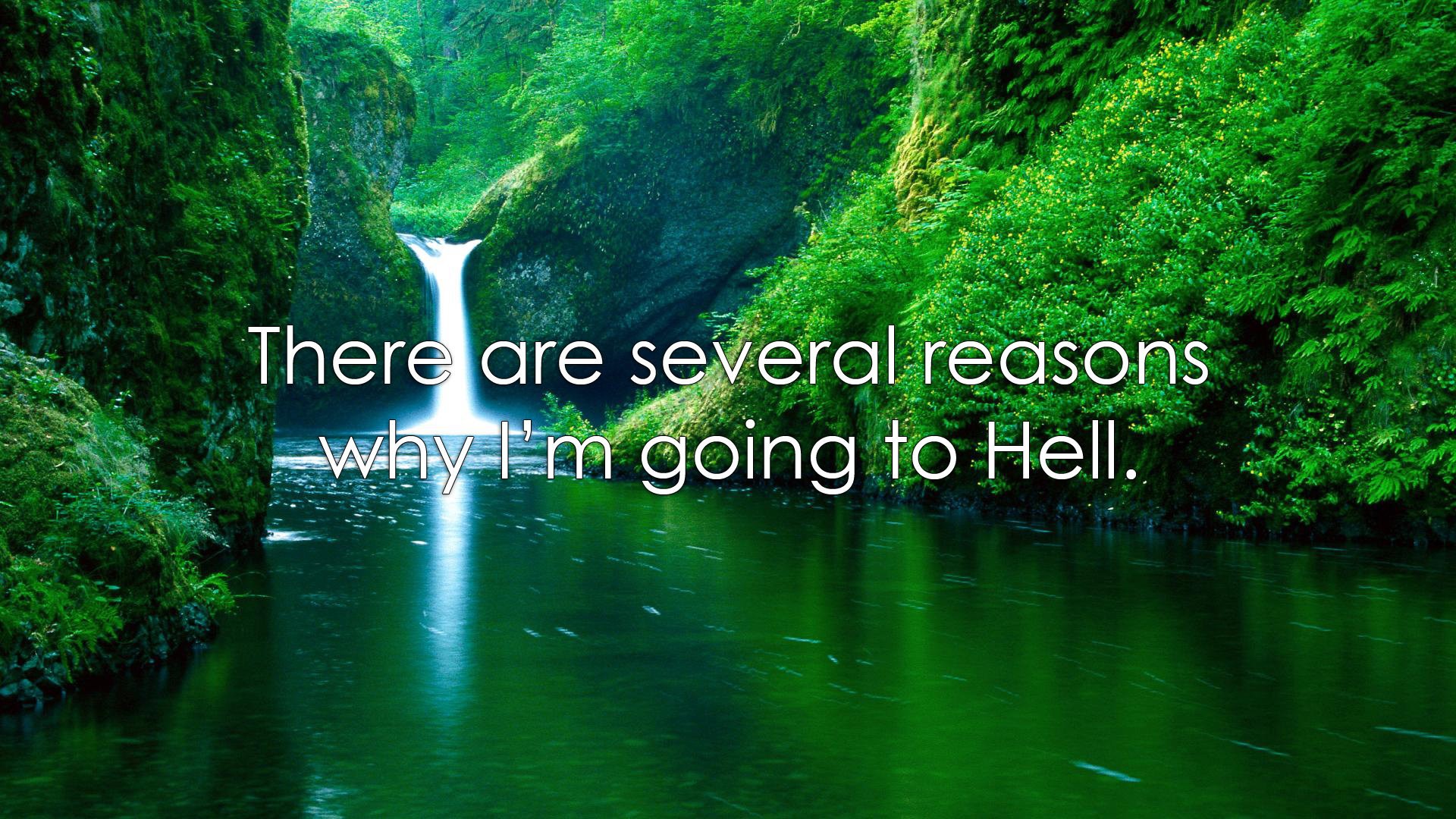 Waterfall in a lush green forest with a quote HD Wallpaper