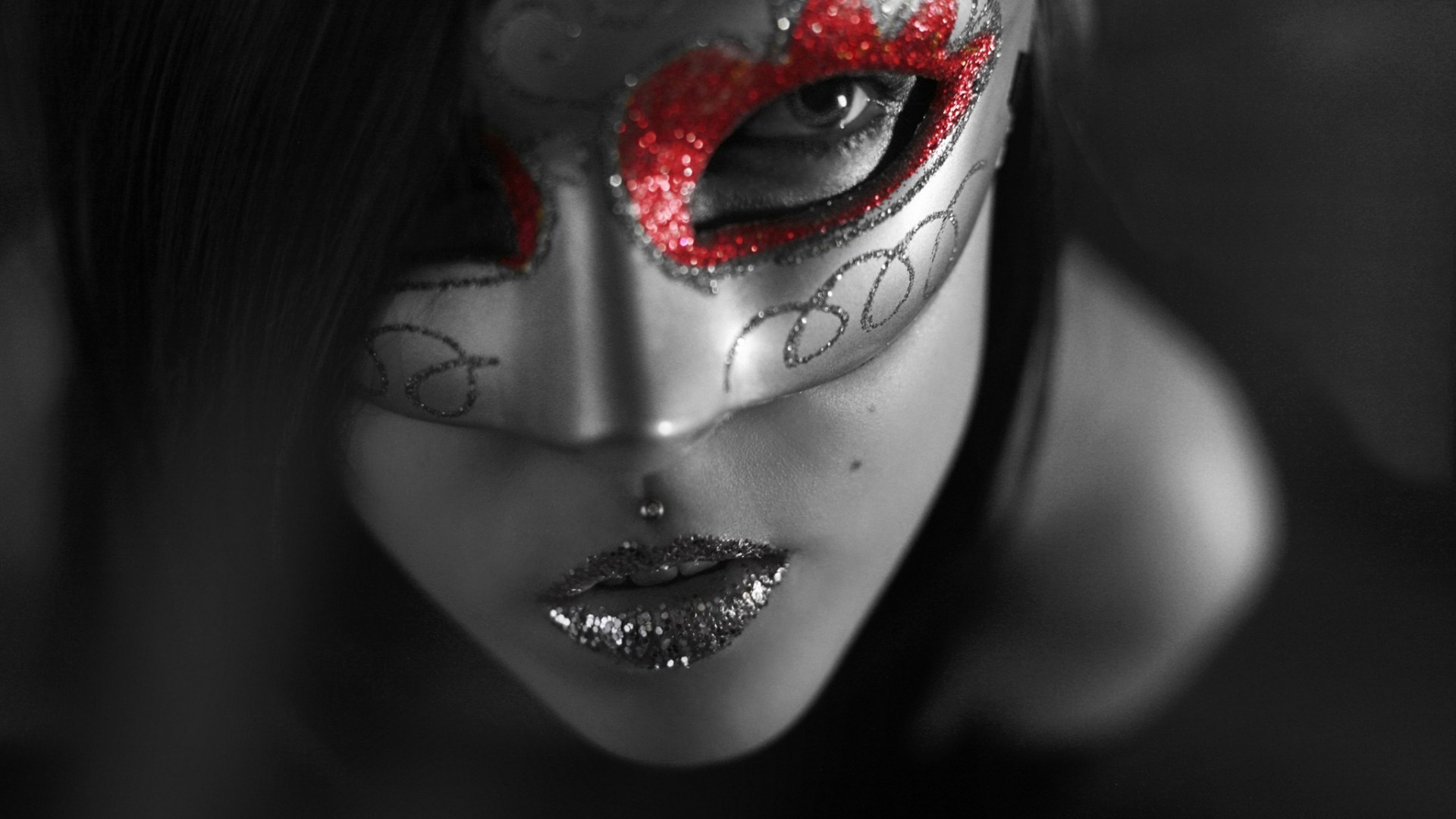 Woman wearing a glittery mask and lipstick HD Wallpaper