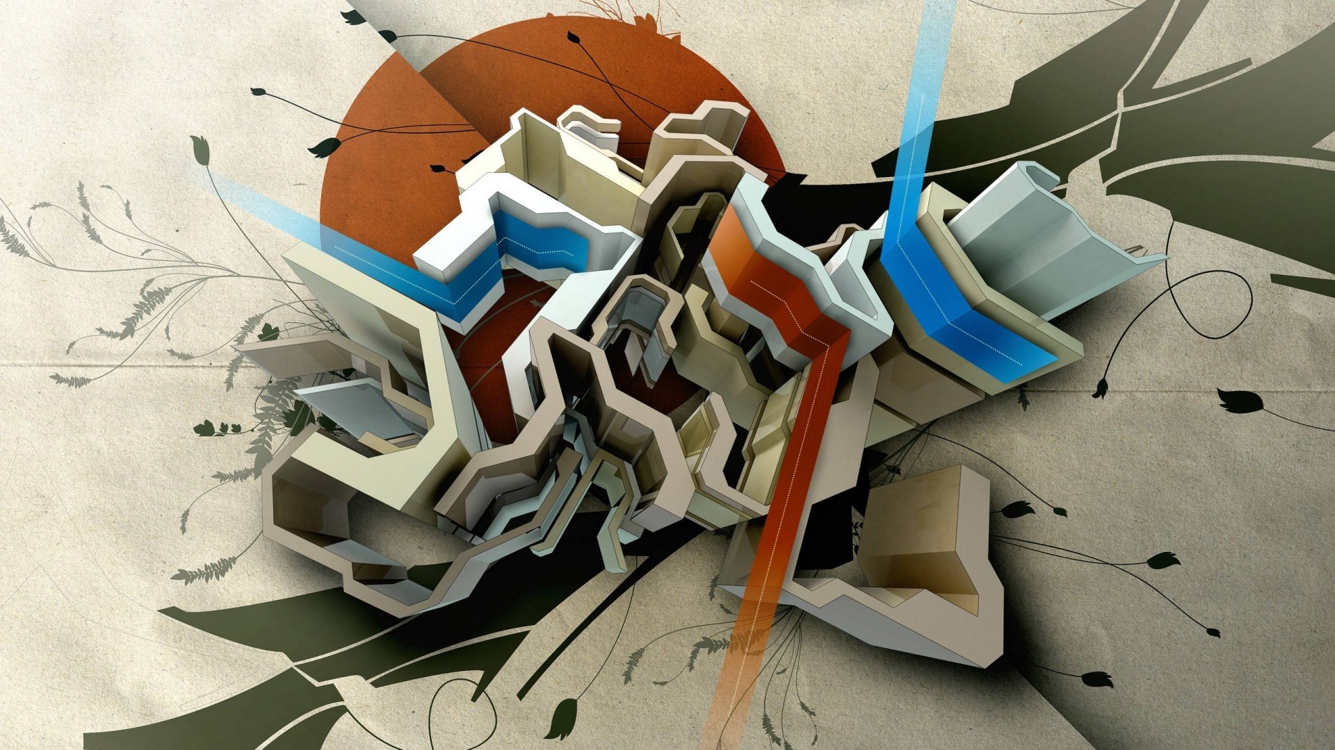 Abstract 3D graffiti art with floral elements HD Wallpaper
