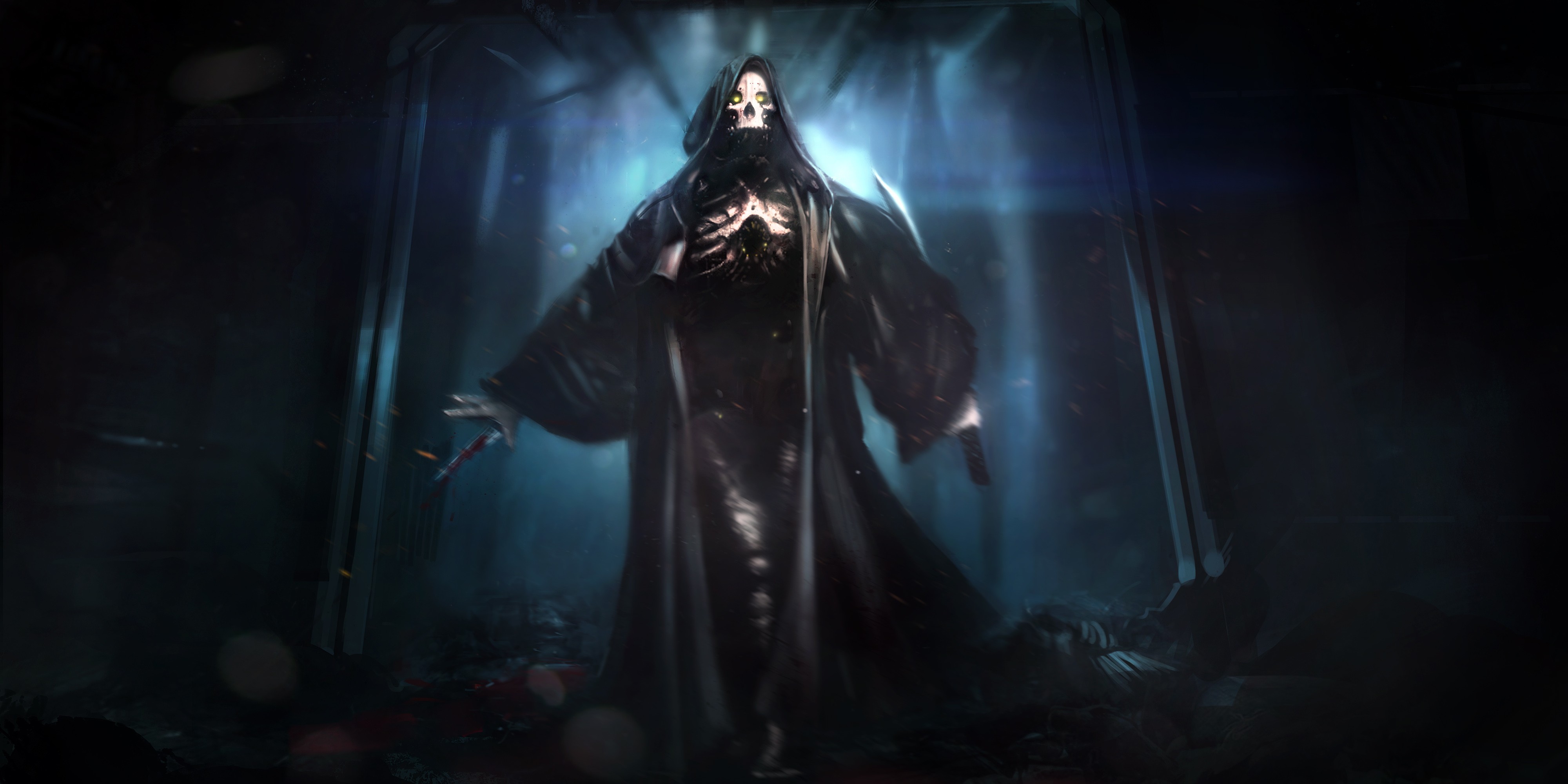 Fantasy art of a skeleton in a dark robe HD Wallpaper