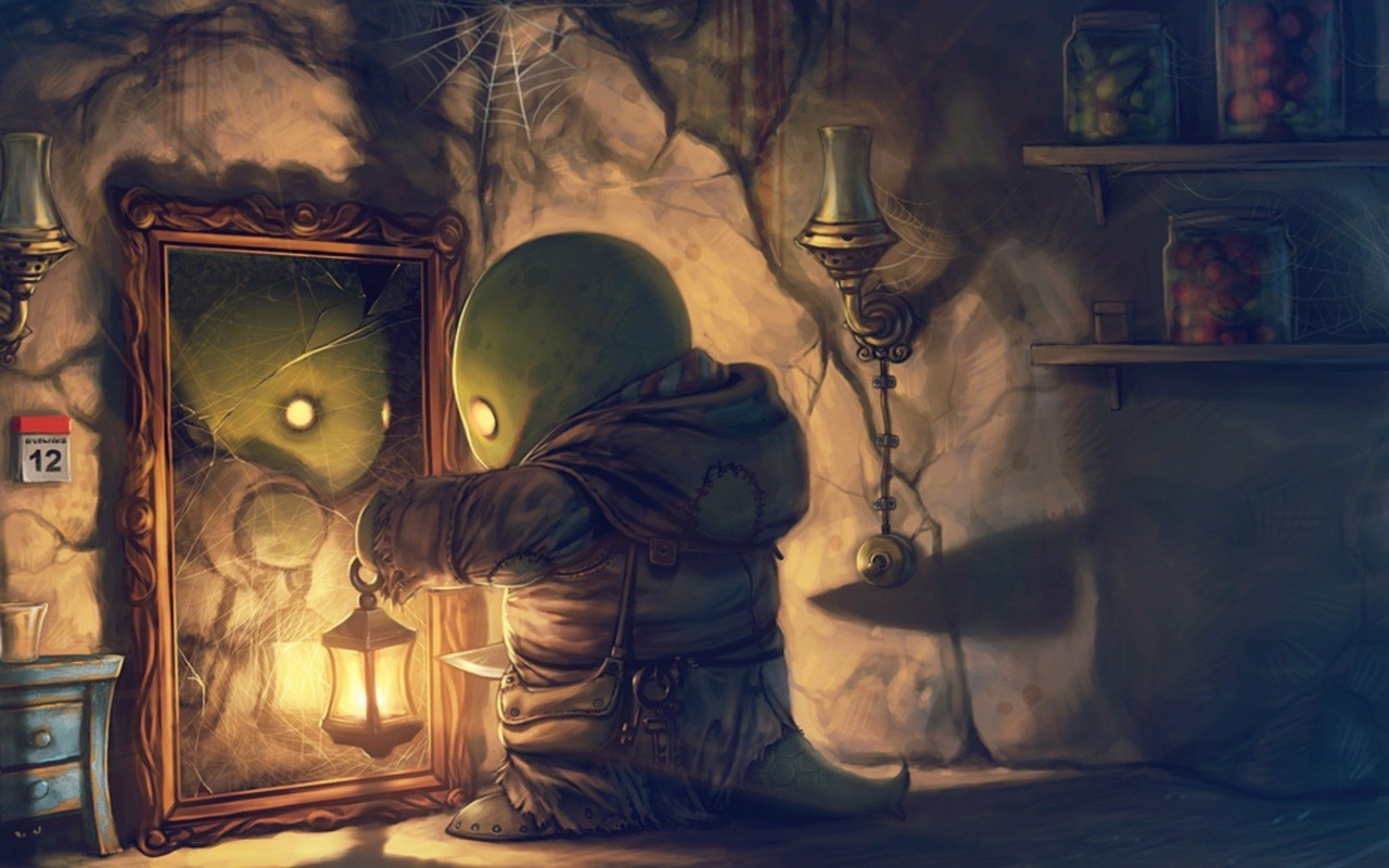 Tonberry holding a lantern in front of a cracked mirror HD Wallpaper