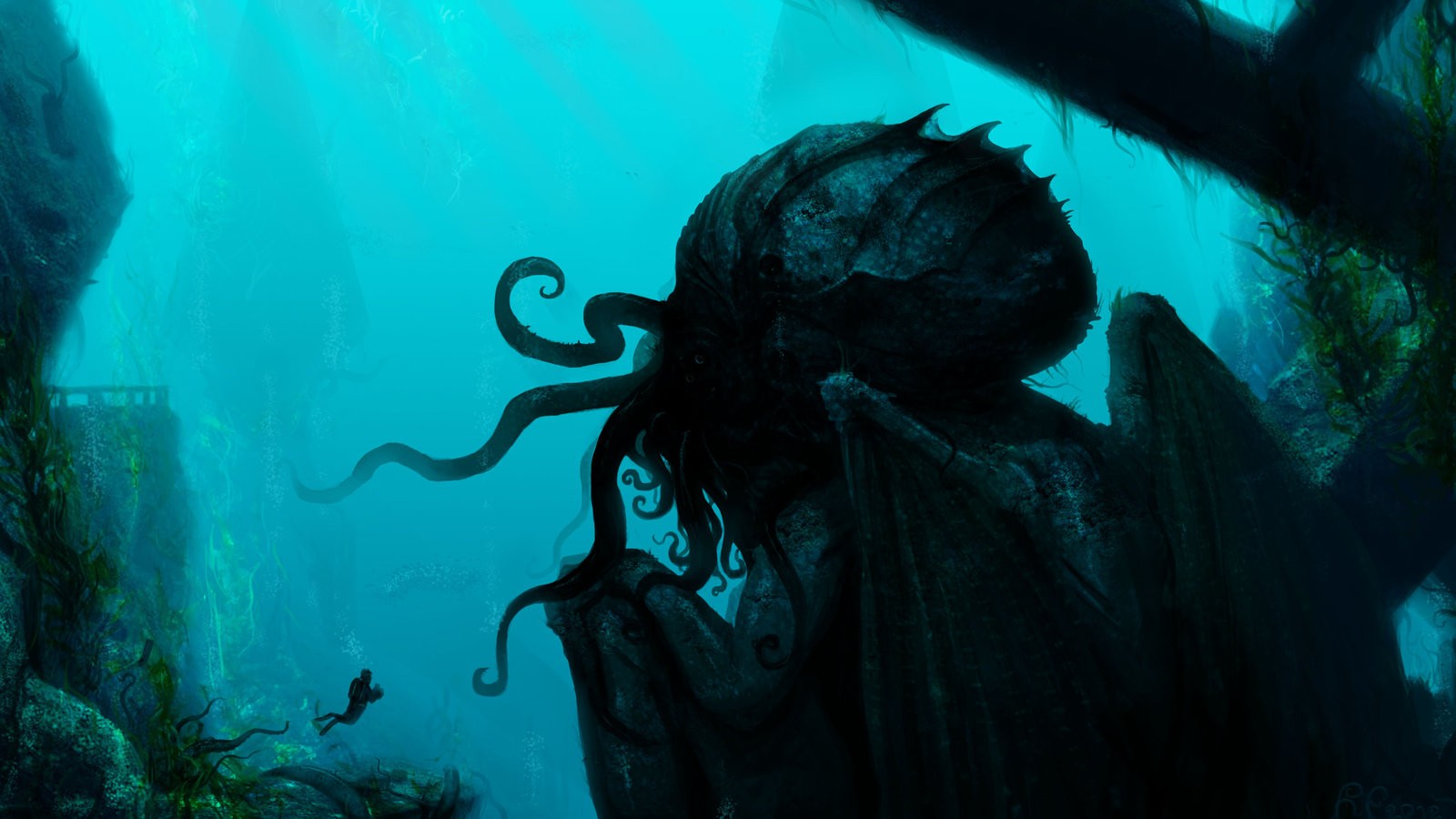 octopus divers animals creature sea Cthulhu horror underwater HD Wallpaper