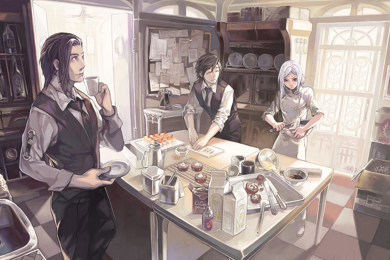 anime girls anime boys kitchen artwork white hair cook HD Wallpaper