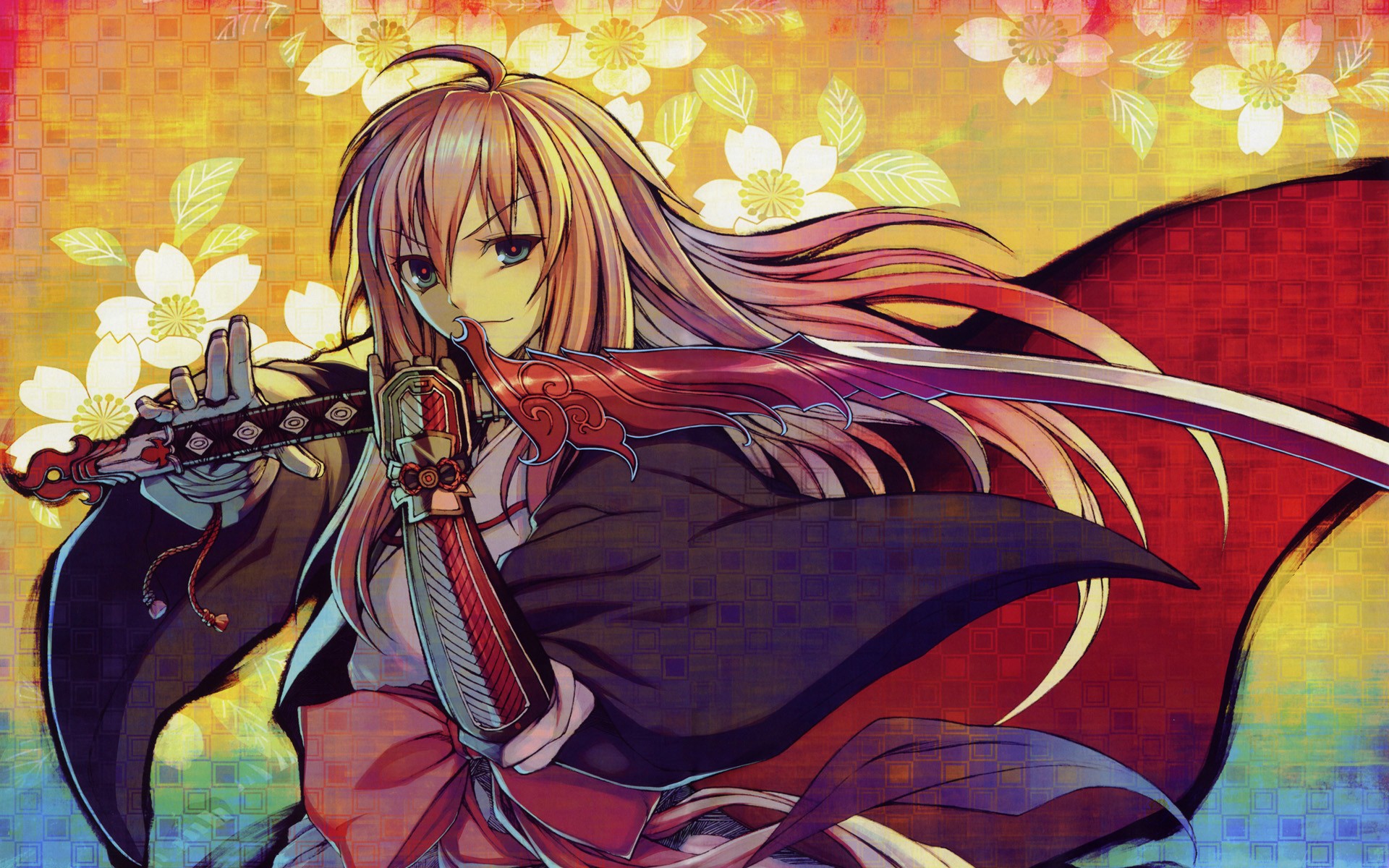 Anime girl with katana and cherry blossoms HD Wallpaper