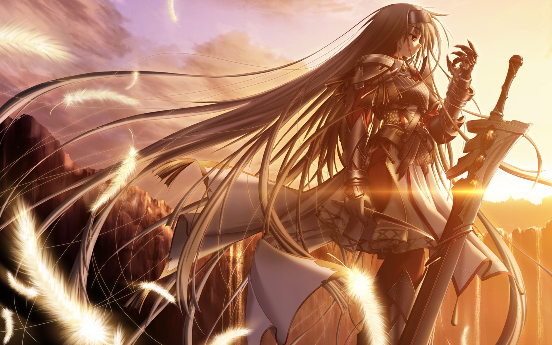 Anime girl with sword and feathers HD Wallpaper