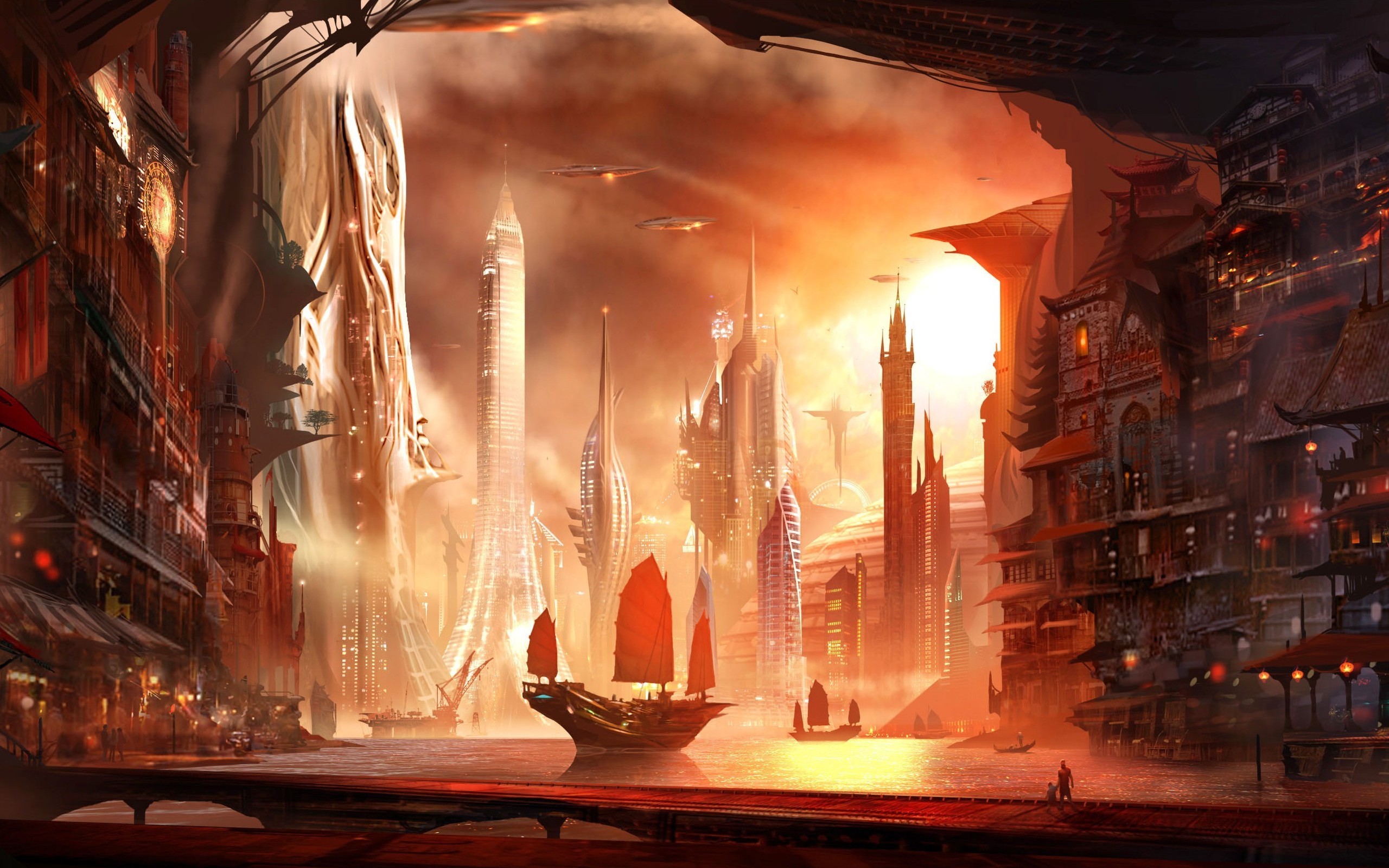 Futuristic city with sailing ships and flying vehicles HD Wallpaper
