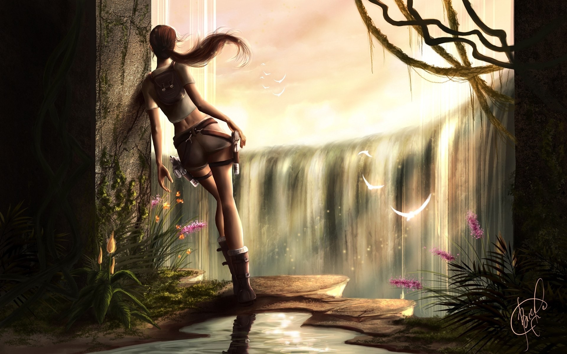 Lara Croft stands by a waterfall in a jungle HD Wallpaper