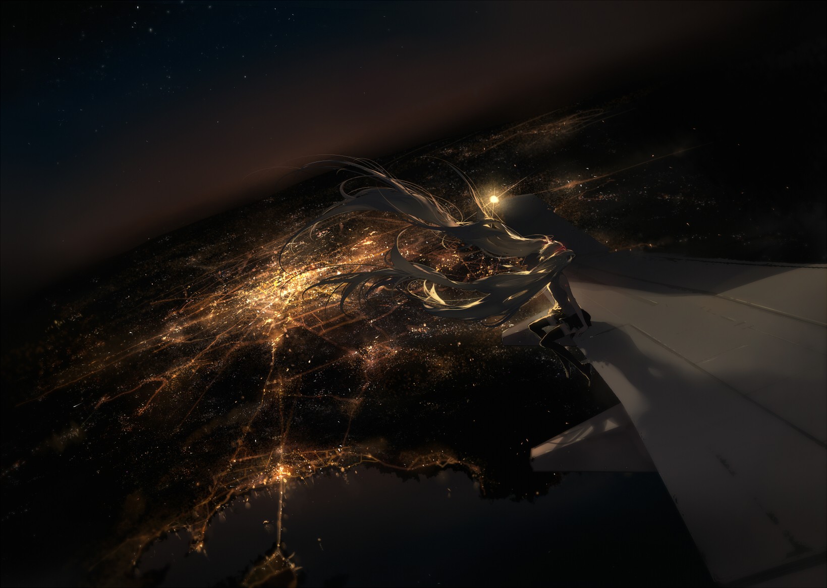 Hatsune Miku on an airplane wing over a city at night HD Wallpaper