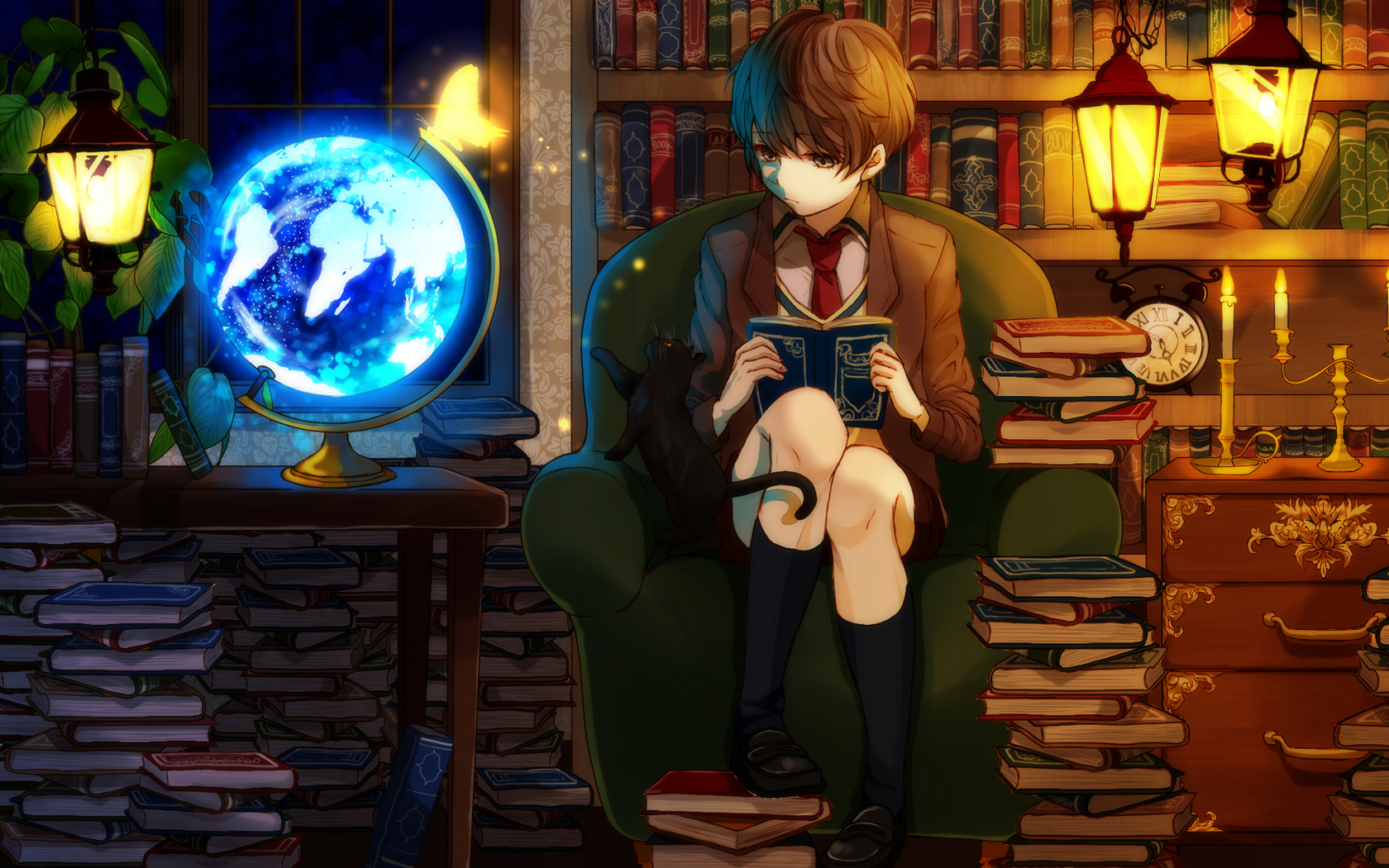 Anime boy reading in a library with a cat HD Wallpaper