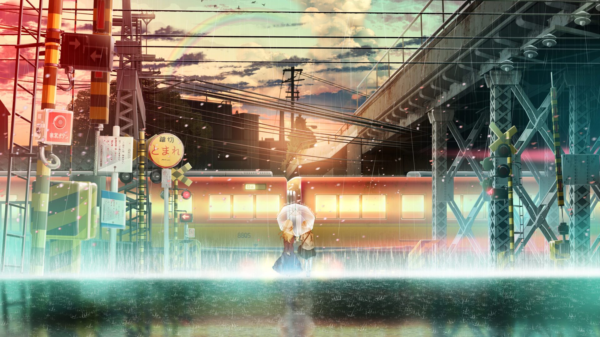 Anime girl with umbrella at train station in rain HD Wallpaper