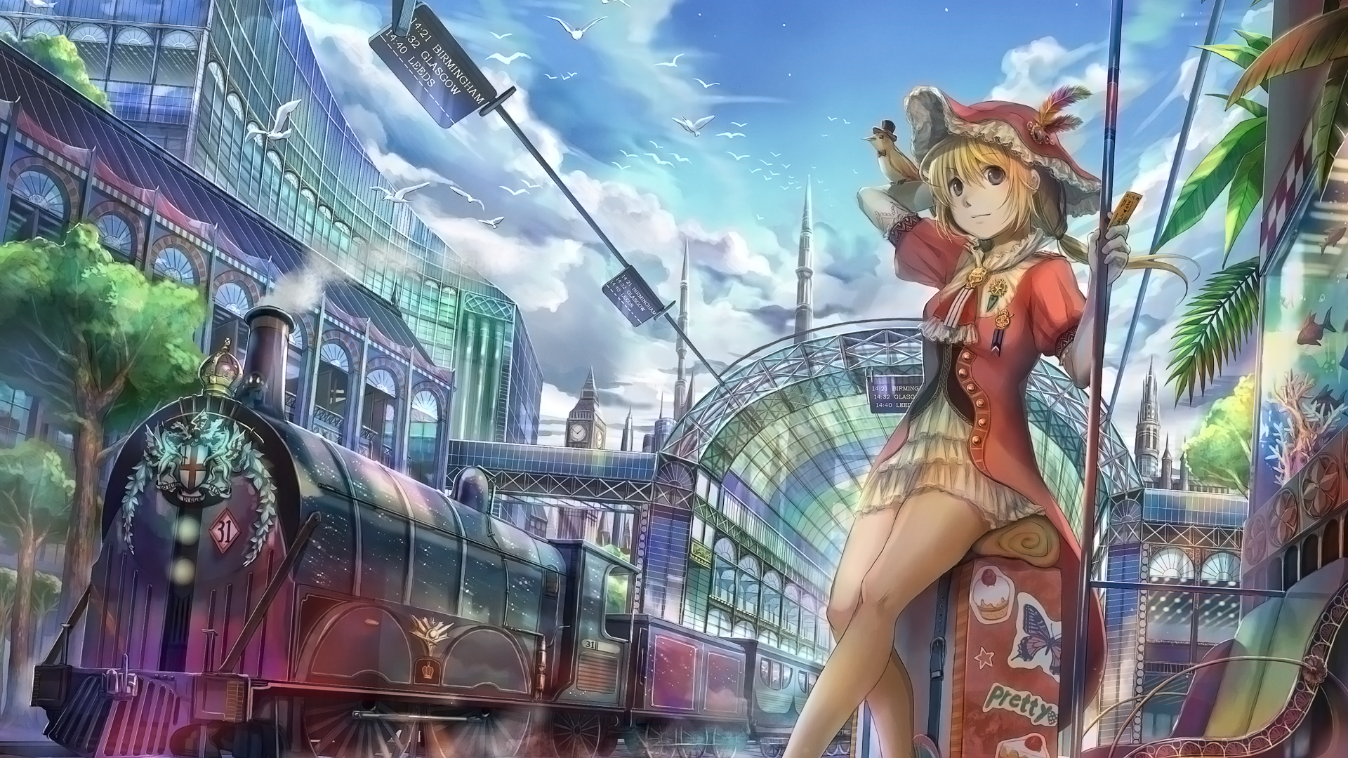 Anime girl at a train station with a train HD Wallpaper