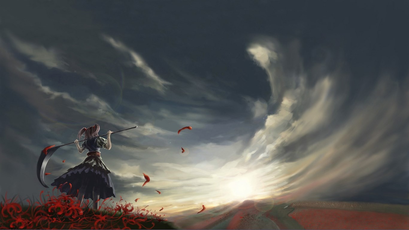 Onozuka Komachi with a scythe in a field at sunrise HD Wallpaper