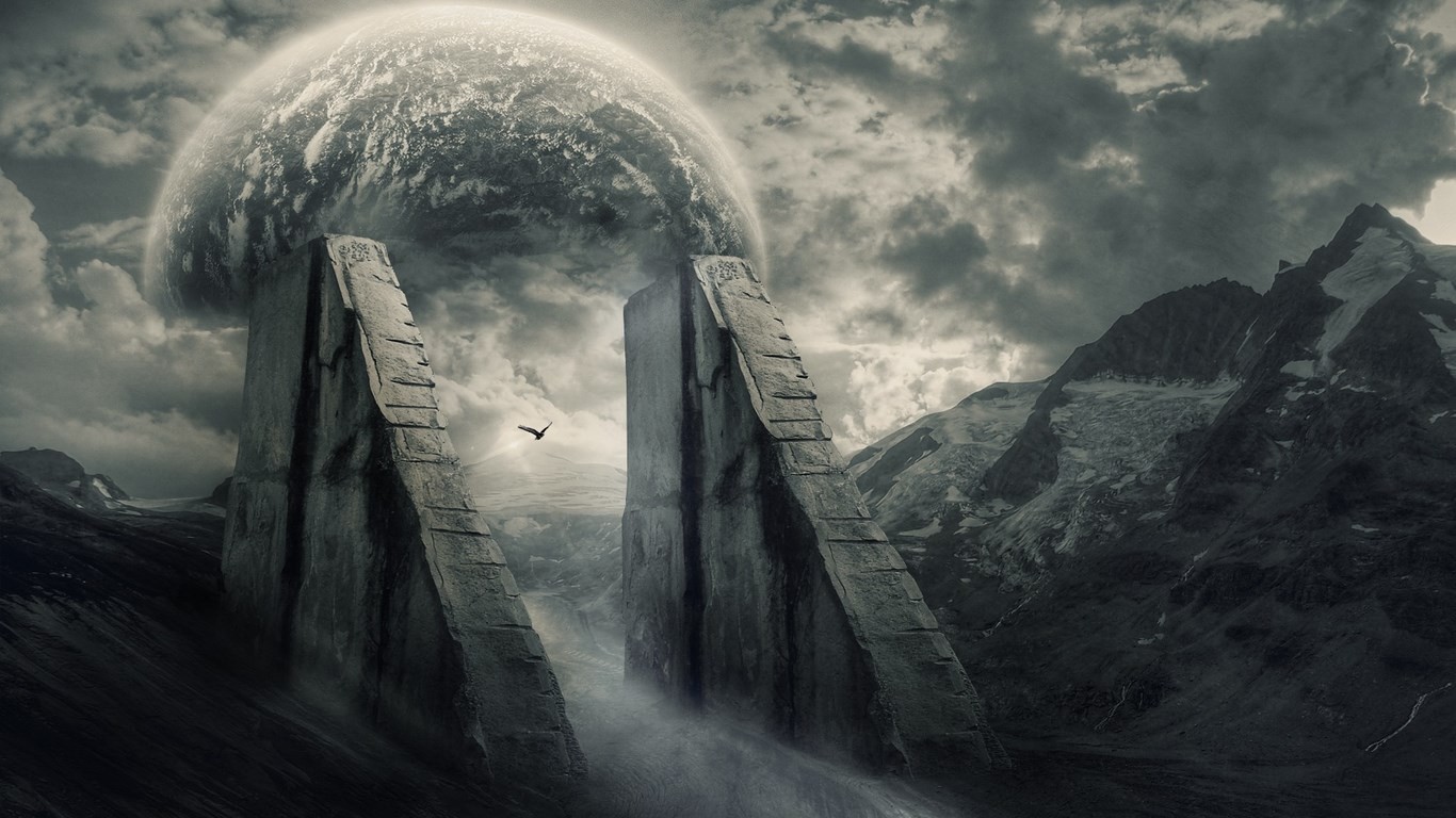 Digital artwork of a planet over a mountain landscape HD Wallpaper