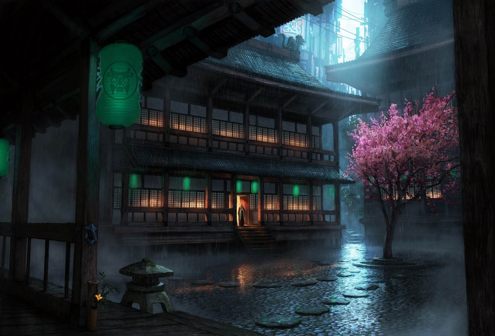 The Secret World: Japanese building with cherry blossom and lanterns in rain HD Wallpaper