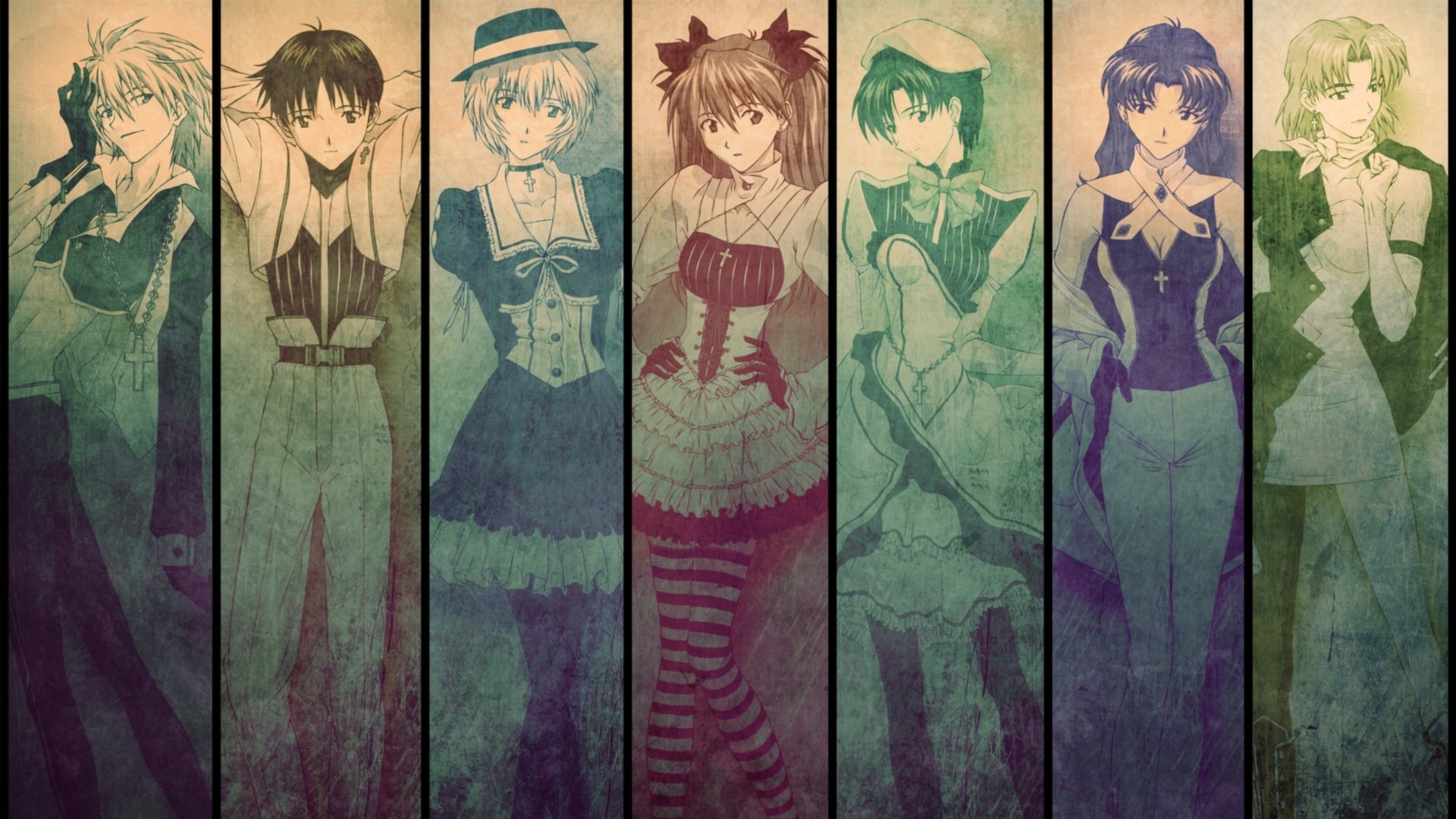 Neon Genesis Evangelion Characters in Vintage Style HD Wallpaper