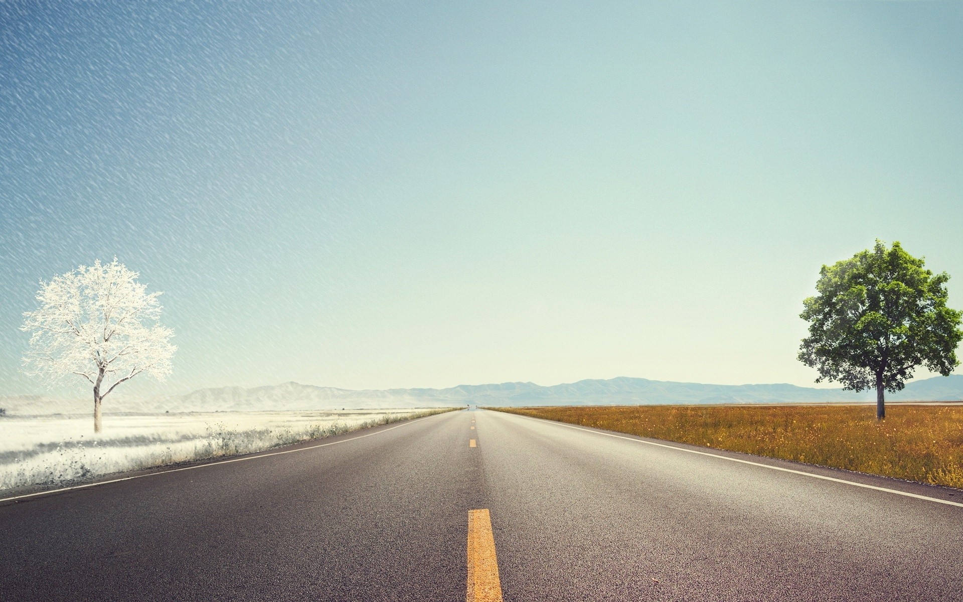 Road dividing winter and summer seasons HD Wallpaper