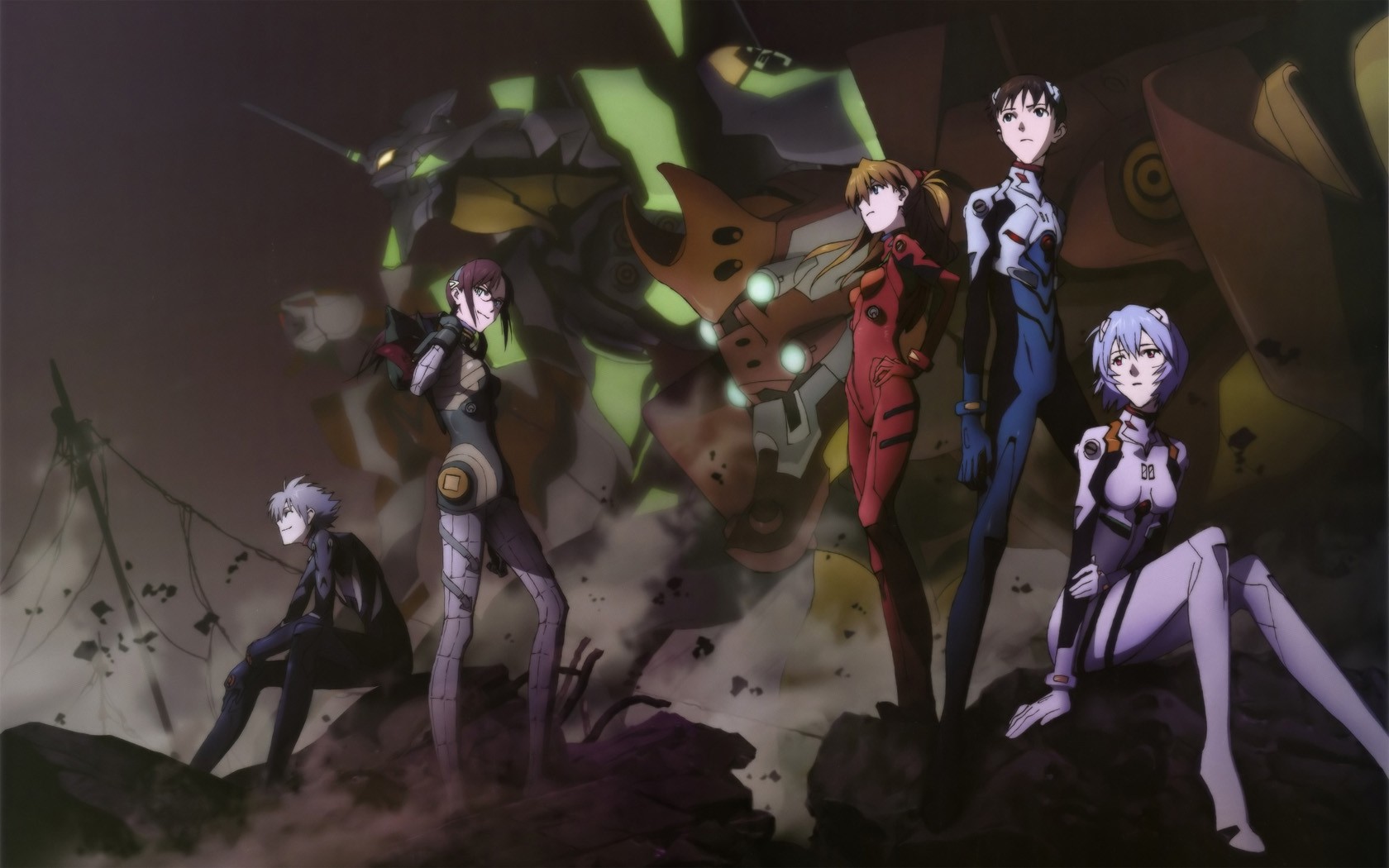 Neon Genesis Evangelion characters with Eva Unit-01 HD Wallpaper