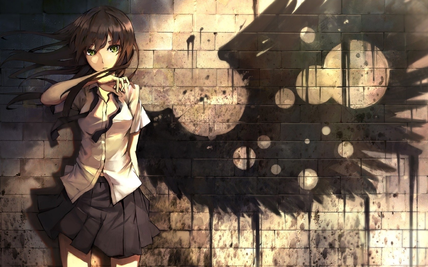 Anime girl with dark hair and green eyes in a school uniform HD Wallpaper