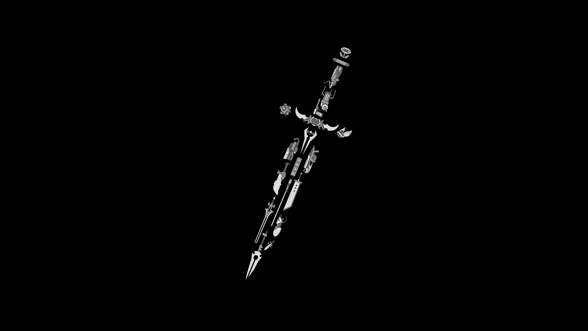 Collage of a fantasy sword on a black background HD Wallpaper