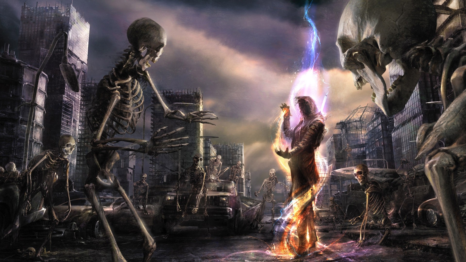 Skeletons and a sorcerer in a ruined city HD Wallpaper