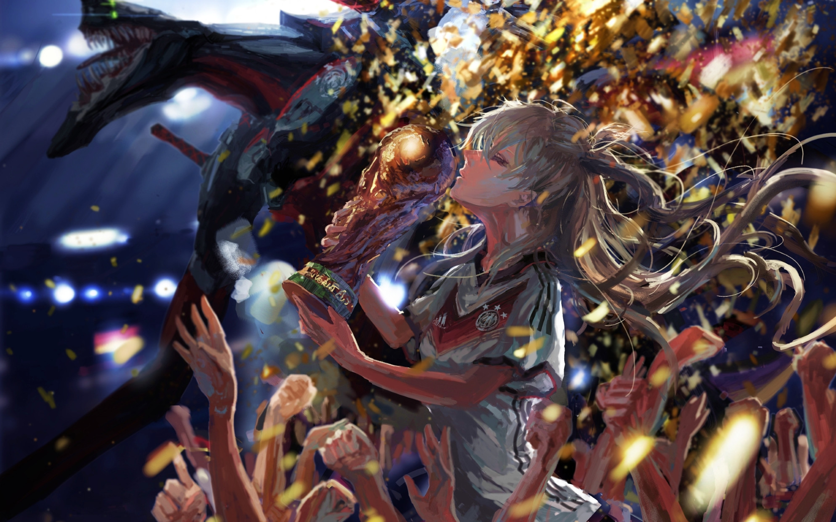 Asuka Langley Soryu holding the World Cup trophy HD Wallpaper