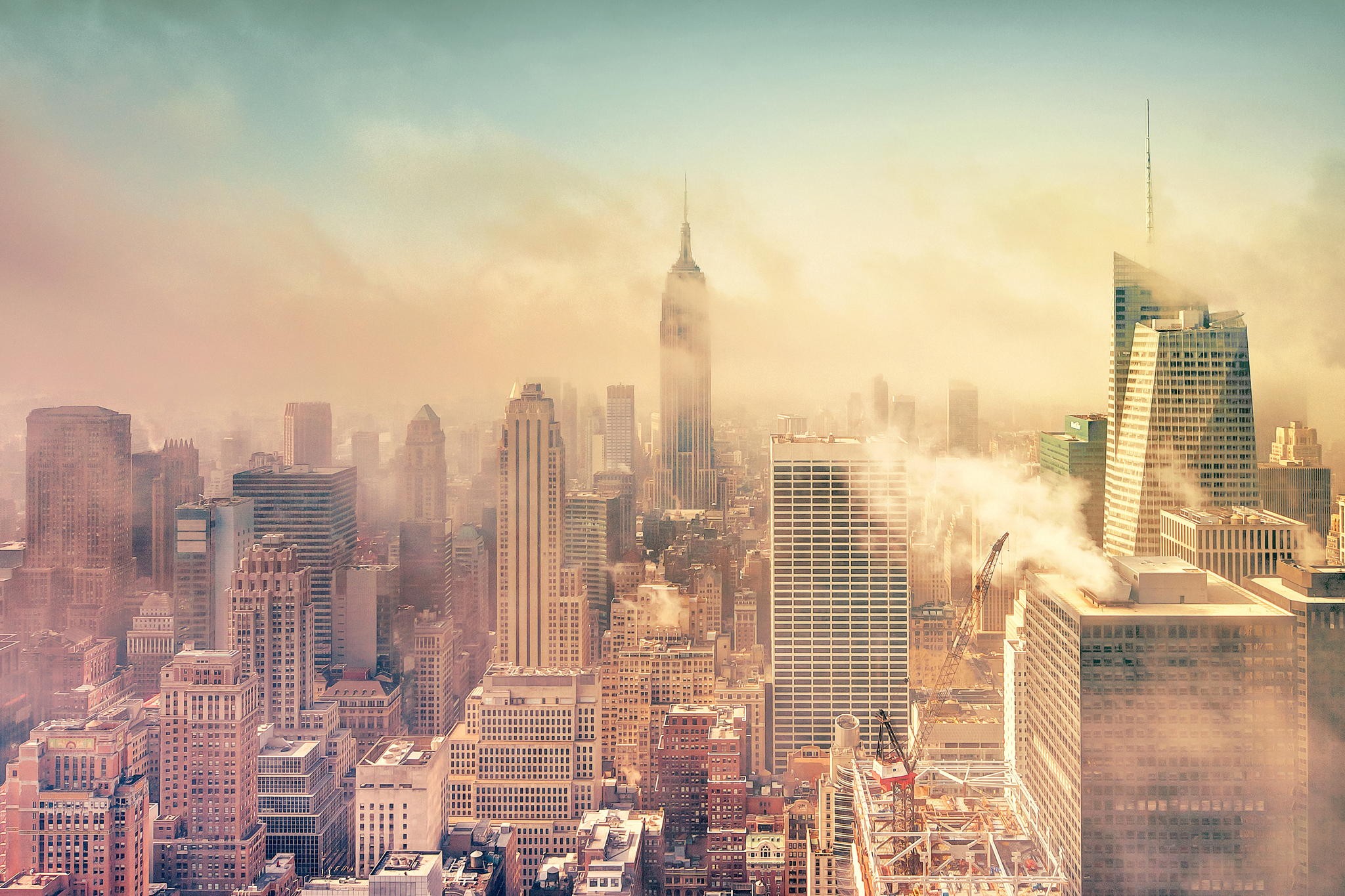 New York City skyline with Empire State Building in fog HD Wallpaper