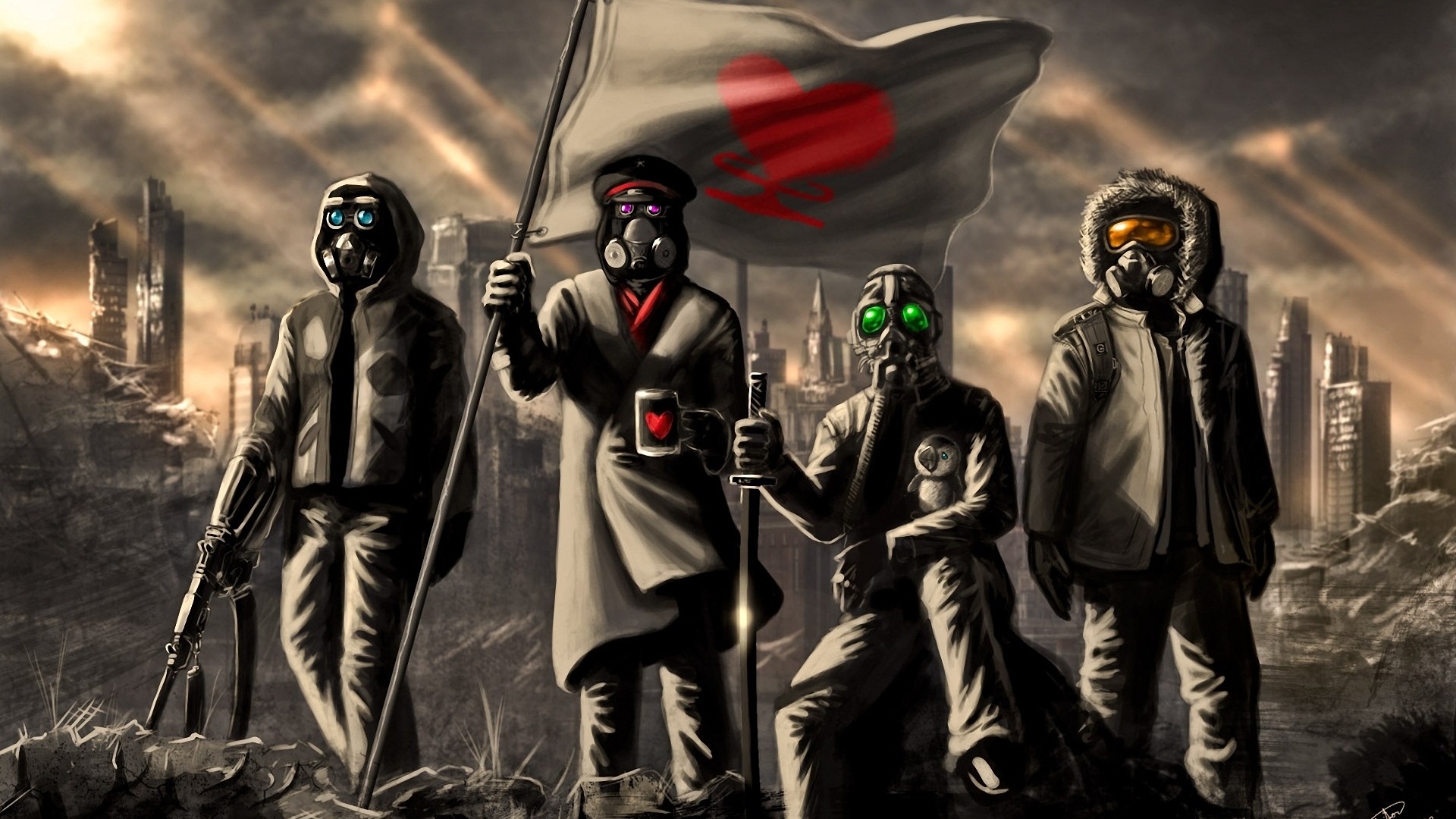 Gone with the Blastwave: Four figures in gas masks in a ruined city HD Wallpaper
