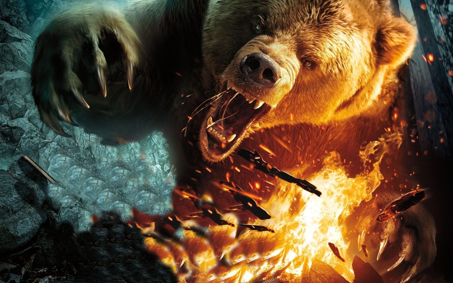 A ferocious bear engulfed in flames HD Wallpaper
