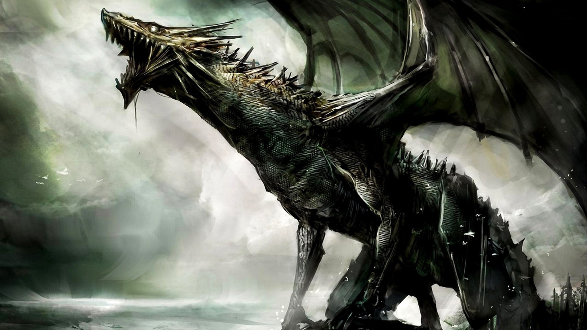 Dark fantasy artwork of a fearsome dragon HD Wallpaper