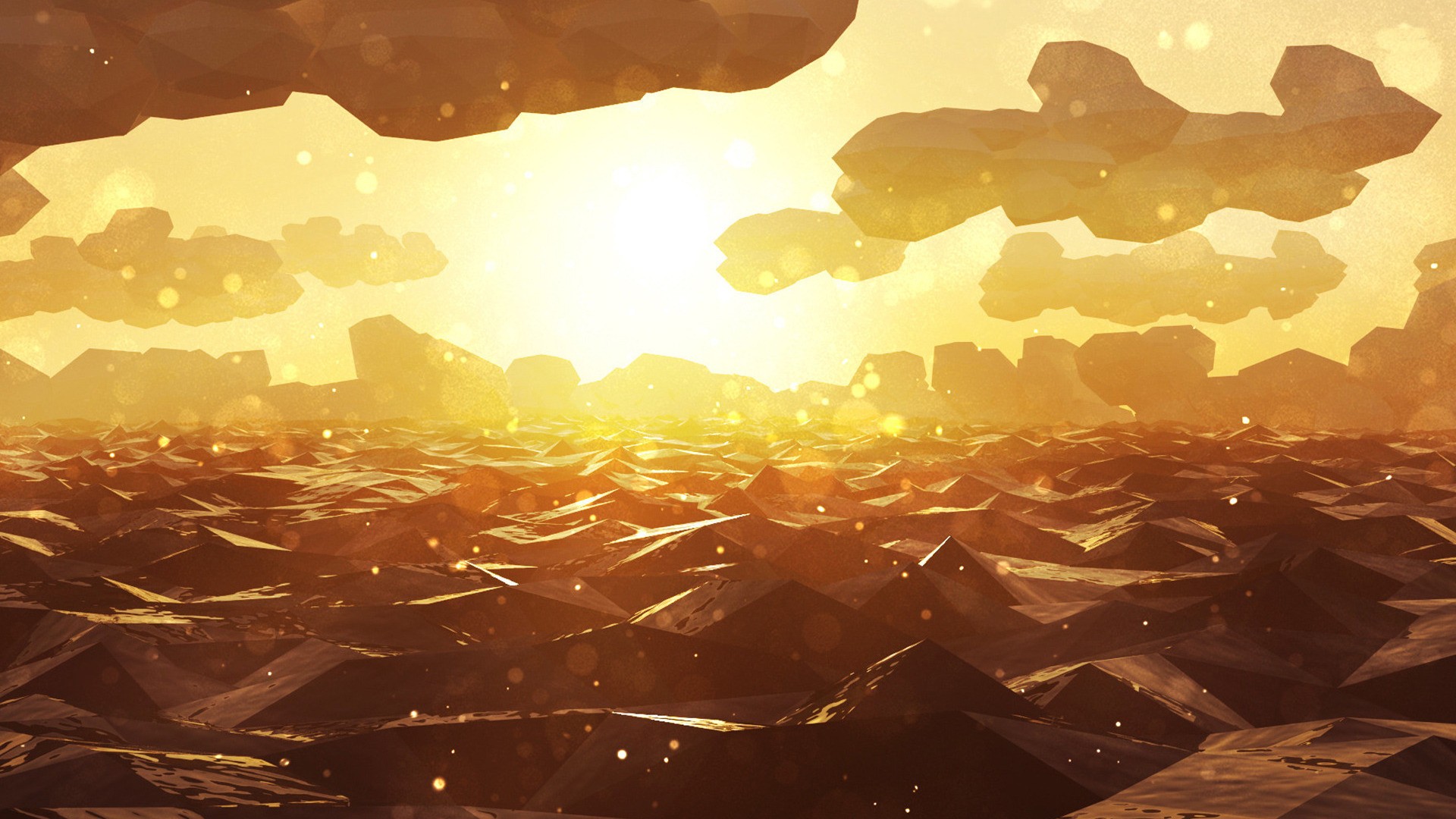 Low poly fantasy landscape with orange clouds and sun HD Wallpaper