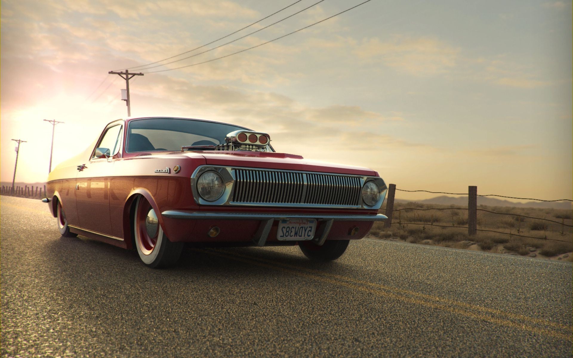 Red hot rod car on a desert road HD Wallpaper