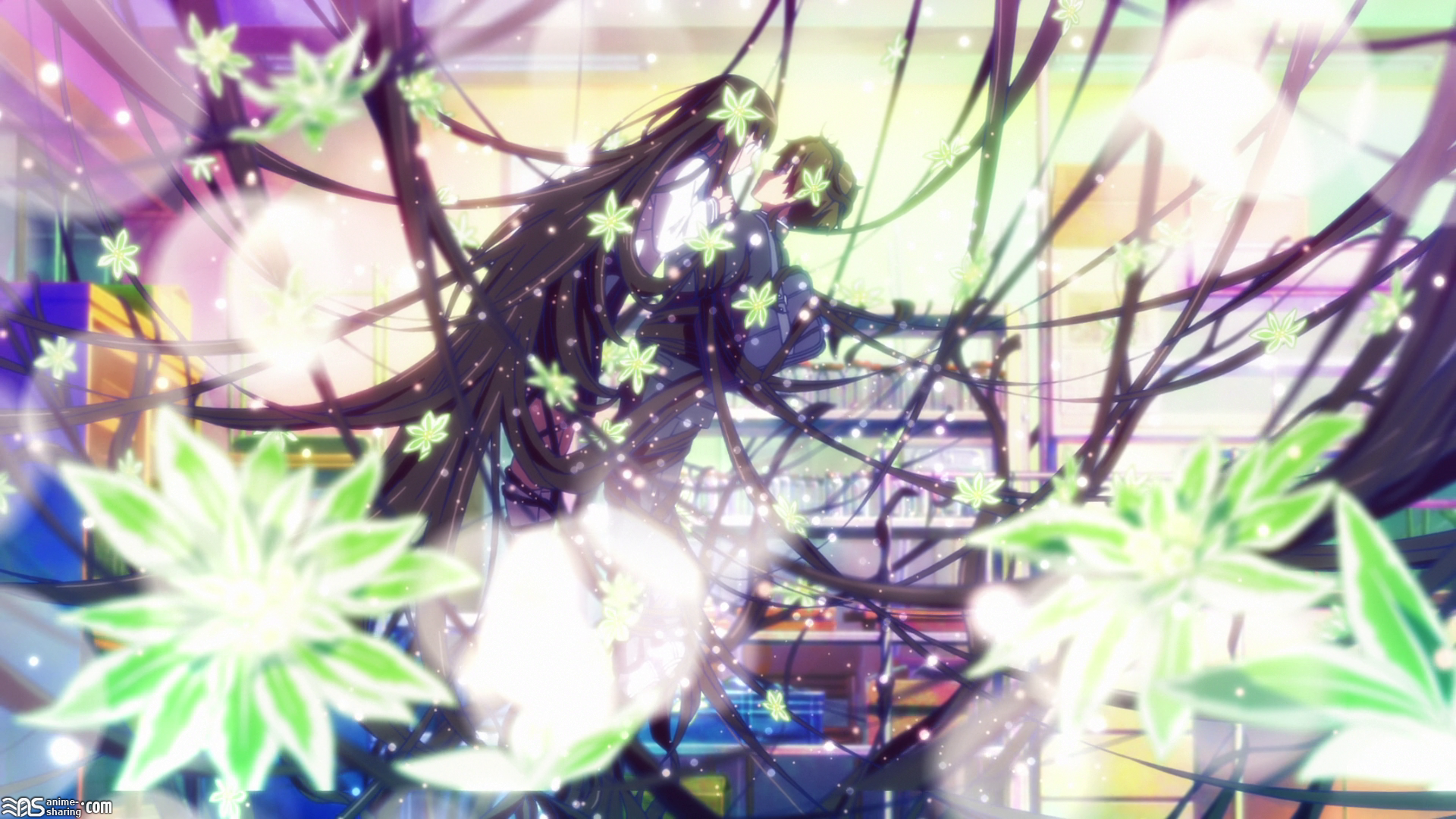 Hyouka anime characters embracing amidst vines and flowers HD Wallpaper